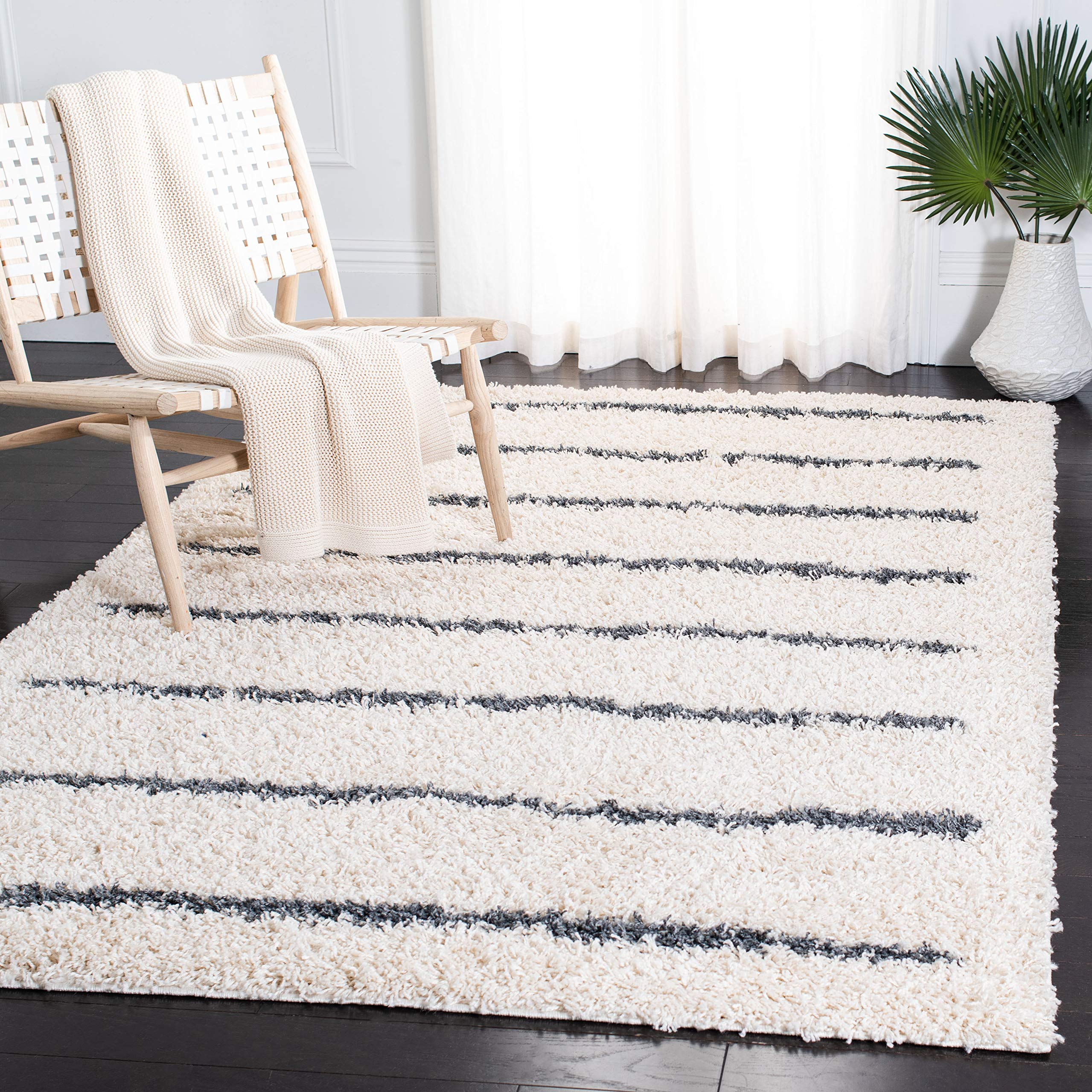 SAFAVIEH Venus Shag Collection Area Rug - 10' x 14', Ivory & Dark Grey, Stripe Design, Non-Shedding & Easy Care, 1.8-inch Thick Ideal for High Traffic Areas in Living Room, Bedroom (VNS604B)