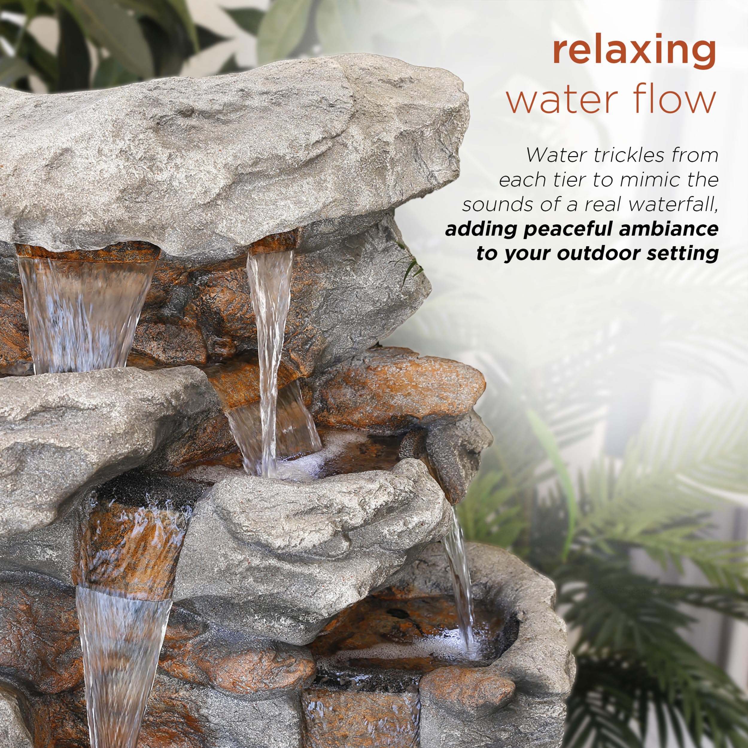 Alpine Corporation WIN730 Outdoor Floor Tiered Rock Waterfall Fountain with LED Lights and Natural Stone Look, 52", Brown