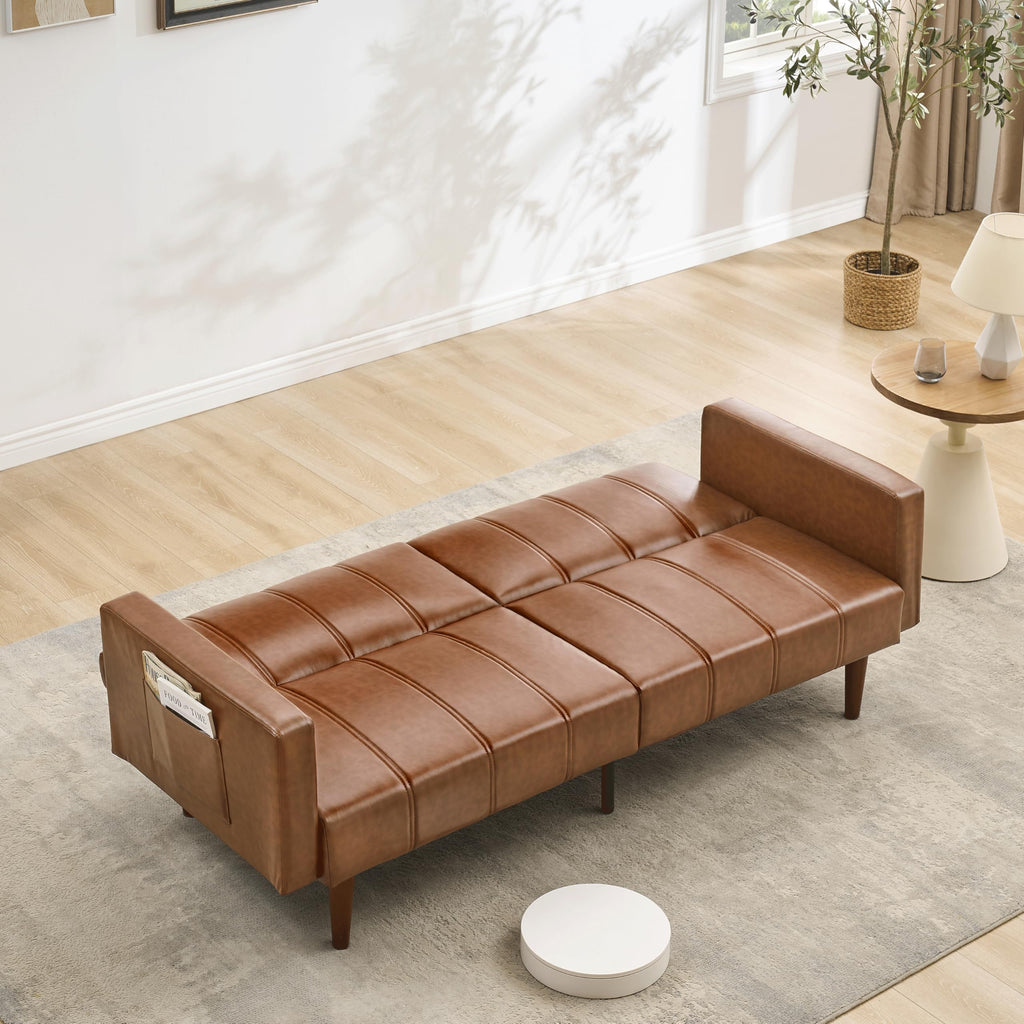 Garvee Modern Futon Sofa Bed, Convertible 75" Sleeper with Adjustable Backrest & Side Pockets, Mid-Century Brown PU Leather