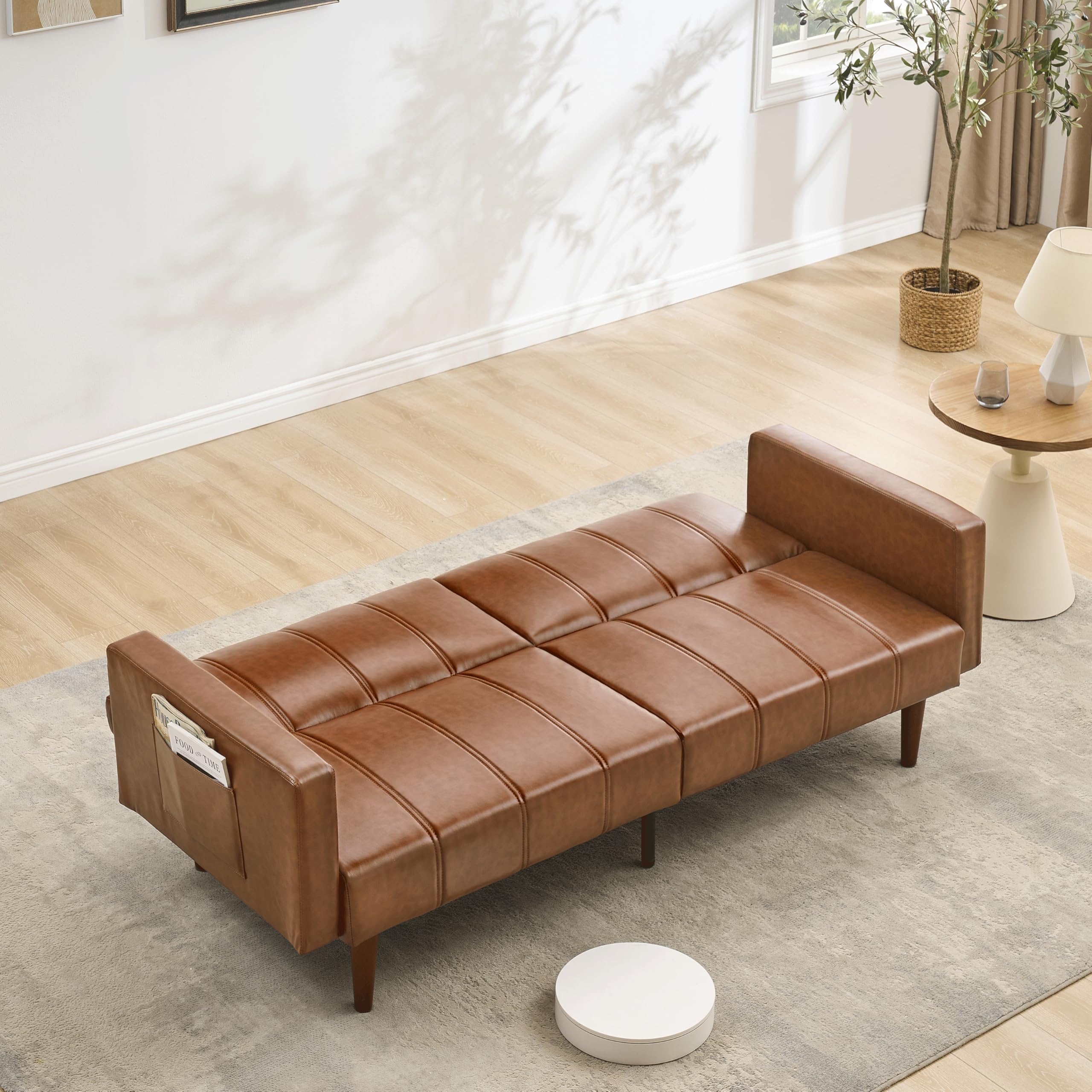 Garvee Modern Futon Sofa Bed, Convertible 75" Sleeper with Adjustable Backrest & Side Pockets, Mid-Century Brown PU Leather