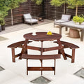 Royard Oaktree 6 Person Wooden Picnic Table, Outdoor Round Picnic Table with 3 Built-in Benches and Umbrella Hole, Outside Table and Bench Set for Backyard, Garden, Porch, Patio, Brown