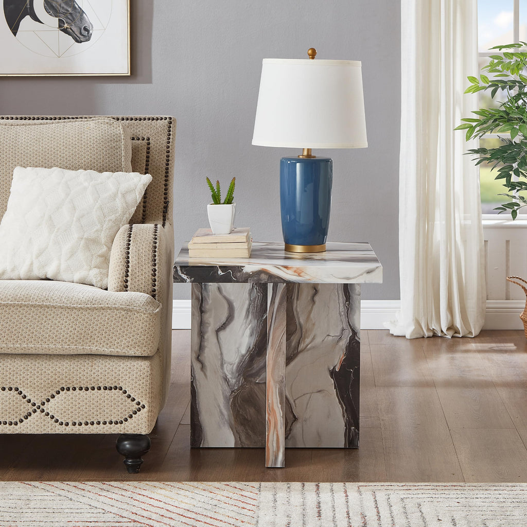 Roundhill Furniture Mchome 3-Piece Coffee Table Set, Coffee Table and Two End Tables, Off-White Faux Marble