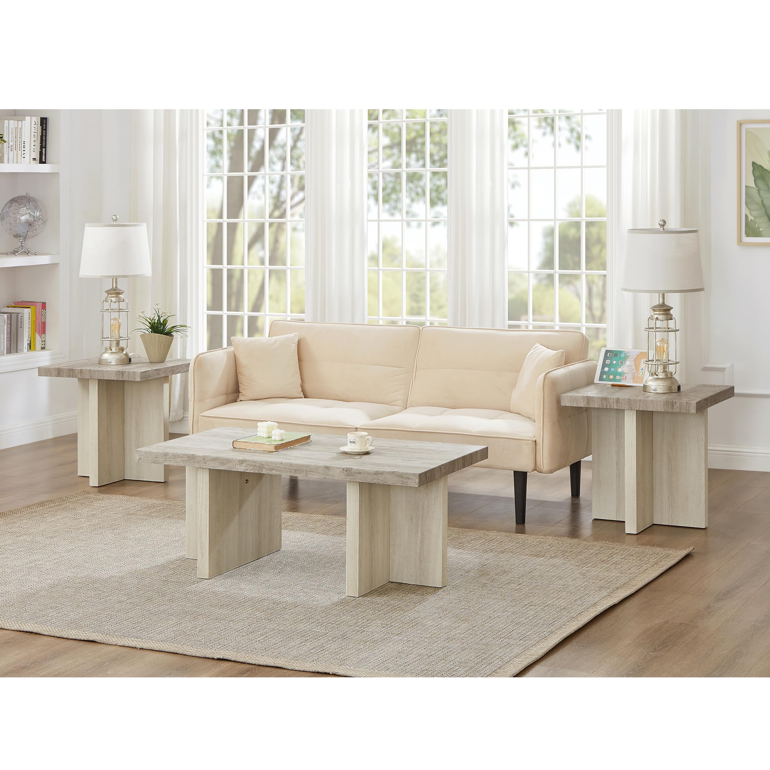 Roundhill Furniture Mchome 3-Piece Coffee Table Set, Coffee Table and Two End Tables, Weathered Gray and Beige