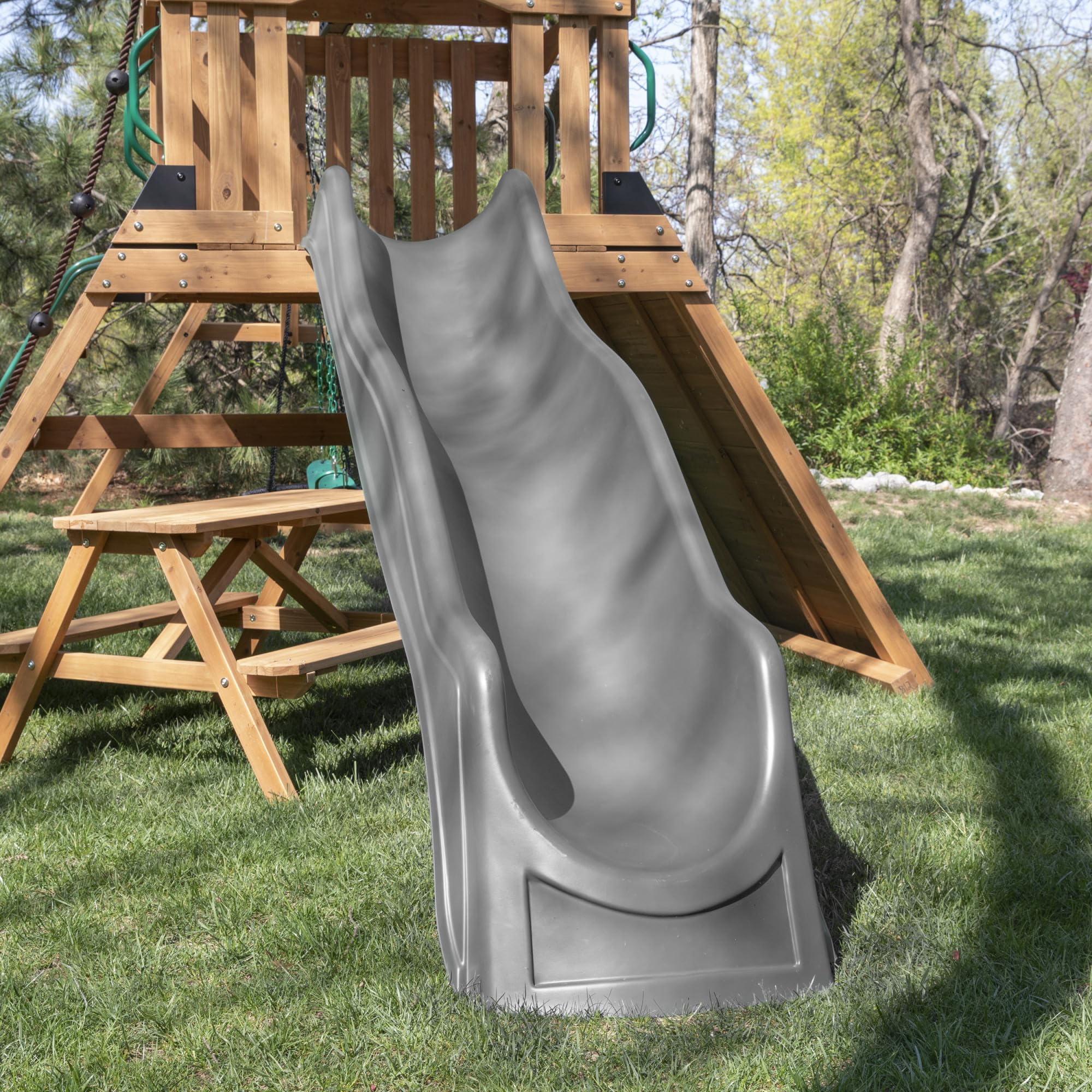 Backyard Discovery Endeavor II Cedar Wood Swing Set with Wave Slide, Play Deck, Double Rock Wall, Picnic Table, Climbing Wall, Belt Swings, Web Swing, Toy Telescope, Step Ladder, Outdoor Playset