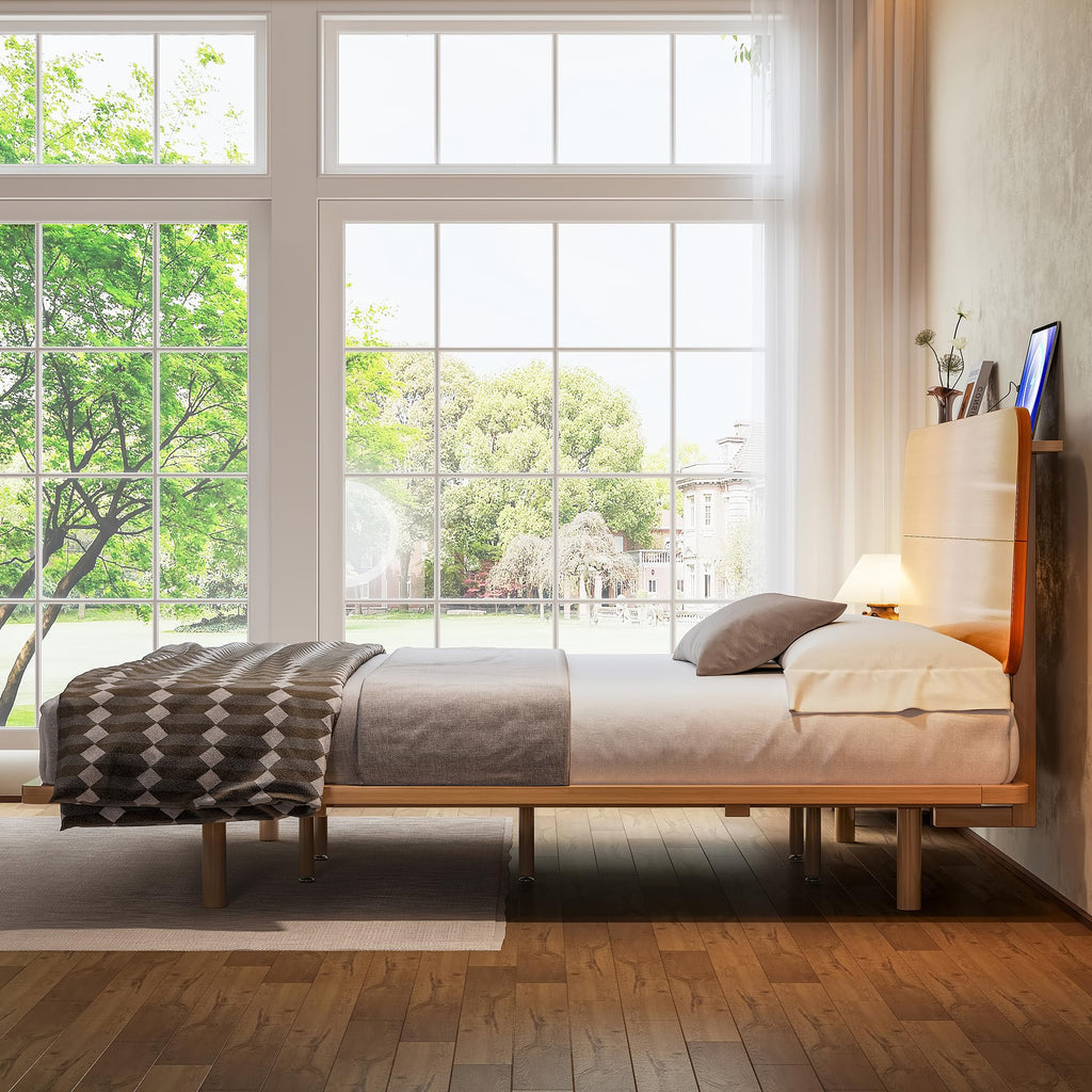 KEIKI King Size Bamboo Platform Bed with Headboard and USB Ports, Mid-Century Modern Floating Bed Frame with Solid Support Slats, No Box Spring Needed, Easy Assembly, Noise Free, for Bedroom, Natural
