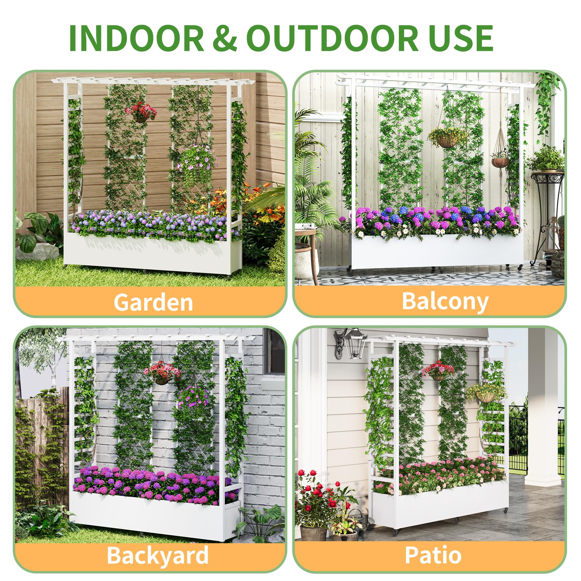 Sunnibety Raised Garden Bed with Trellis & Hanging Roof, Weatherproof Metal Planter Box with Wheels, Garden Arch Trellis for Outdoor Climbing Plants Vines Flowers, 74" H x 77" L x 17" W, White