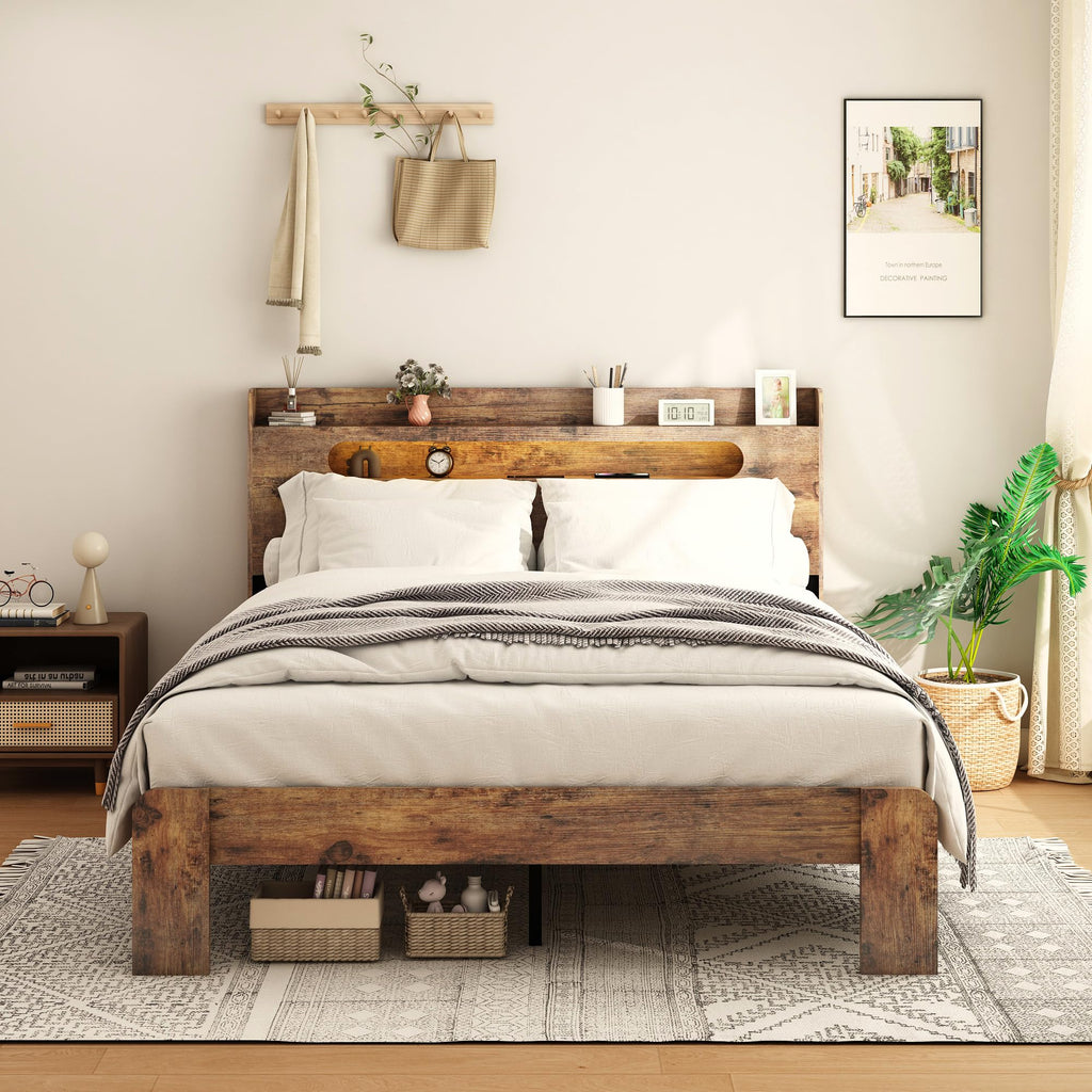 Ball & Cast King Size Bed Frame,Wood Platform Bed Frame King with Storage Headboard, LED Light & USB Port,Noise Free,No Box Spring Needed,Easy Assembly,Dark Brown