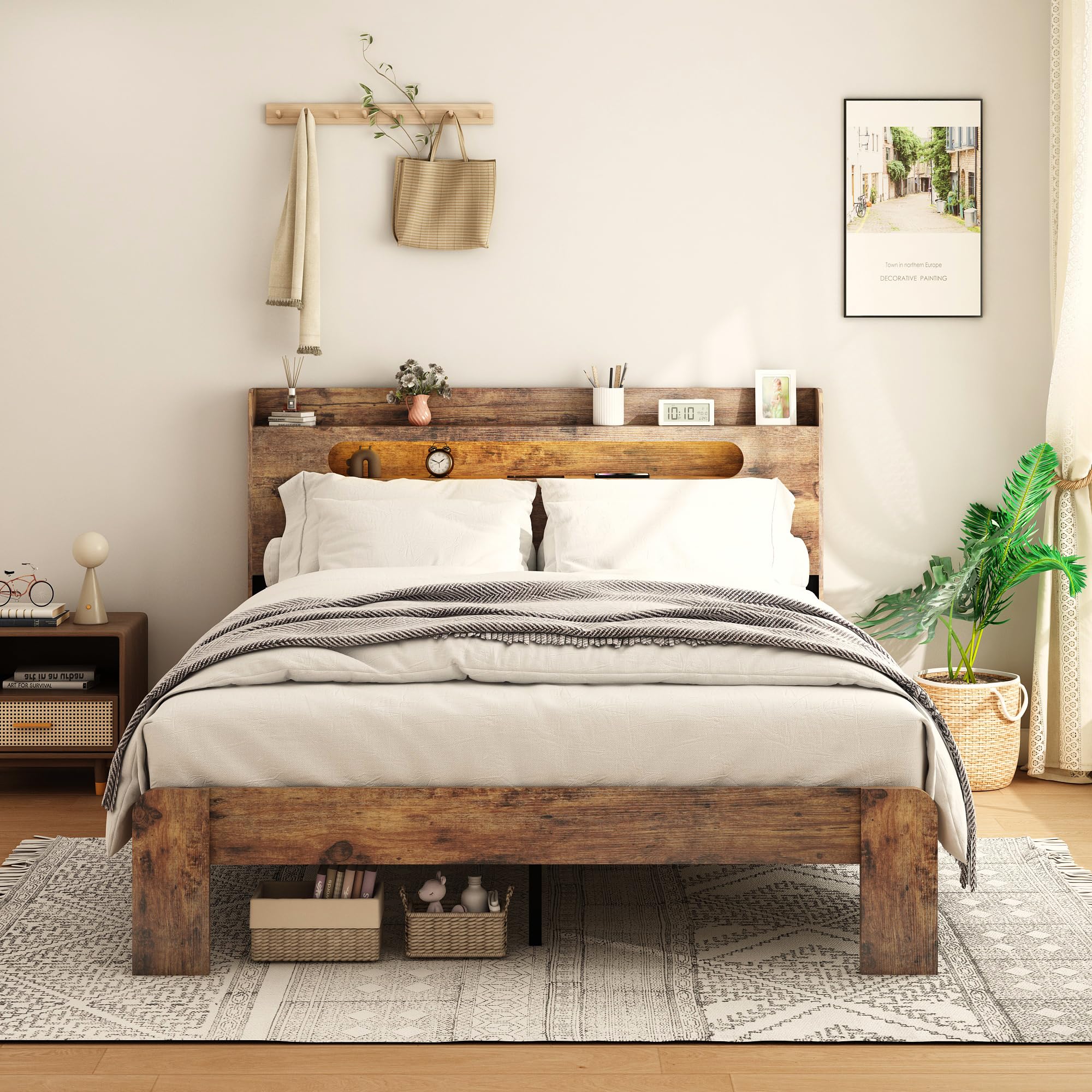 Ball & Cast King Size Bed Frame,Wood Platform Bed Frame King with Storage Headboard, LED Light & USB Port,Noise Free,No Box Spring Needed,Easy Assembly,Dark Brown