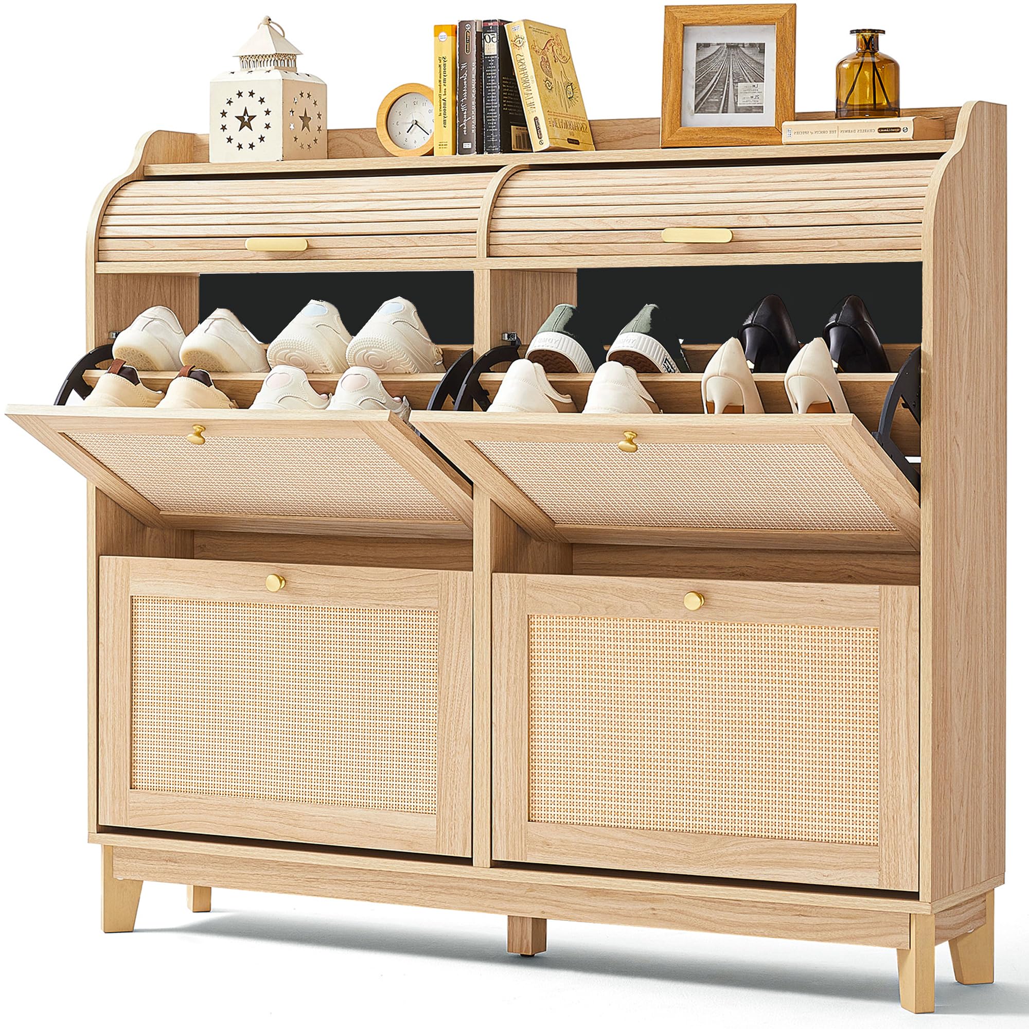 LINSY Shoe Storage Cabinet, Rattan Shoe Cabinet Wood Shoes Rack Cabinets with Sliding Tambour Door, Large Flip Drawer Shoe Cabinet Boho Hidden Shoe Storage for Entryway, Front Door, Hallway, Oak