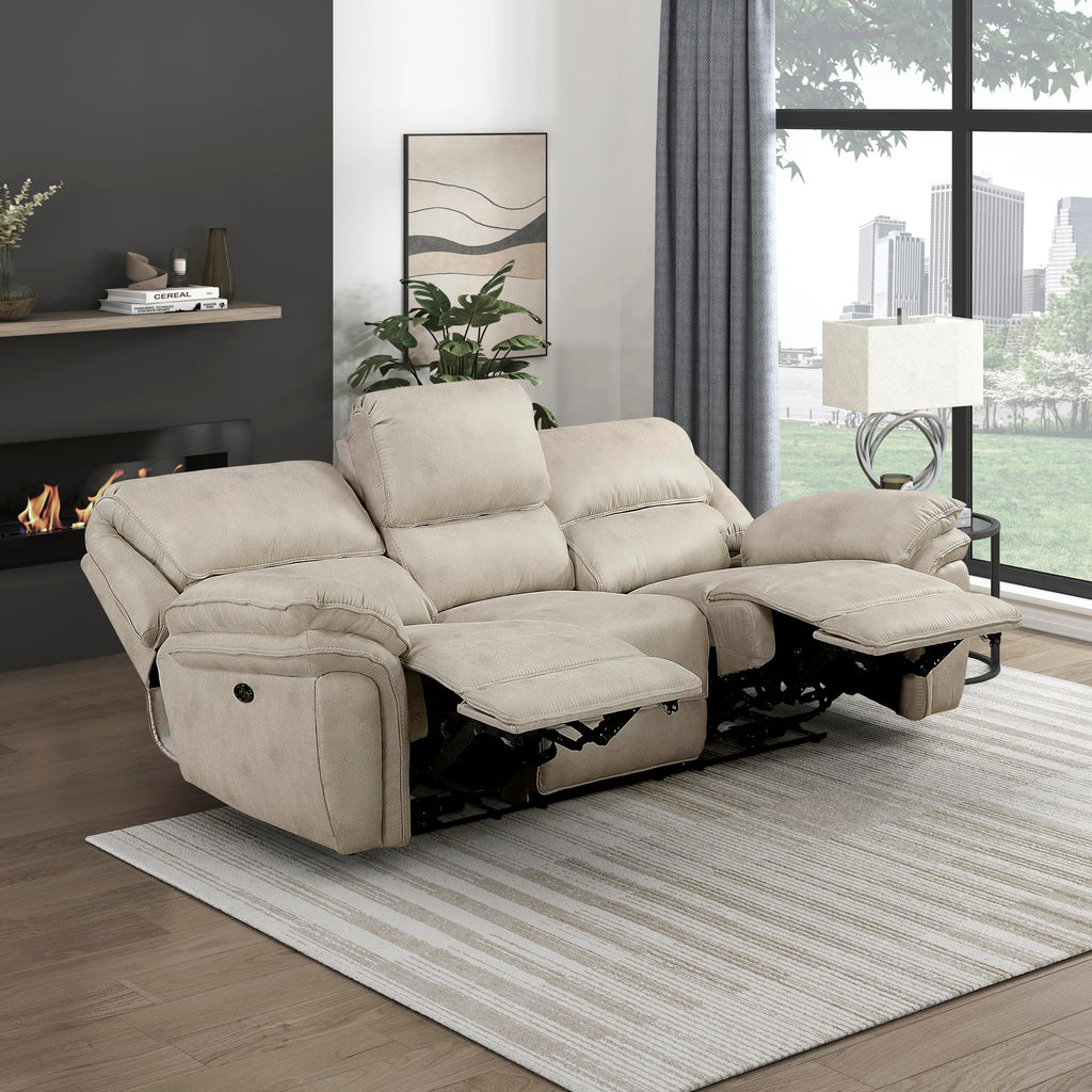 Lexicon Power Double Reclining Sofa, Polished Microfiber Wall Hugger Sofa Recliner for Living Room Comfort, Charging Port, Pillow Top Arms, Attached Cushions, Sand