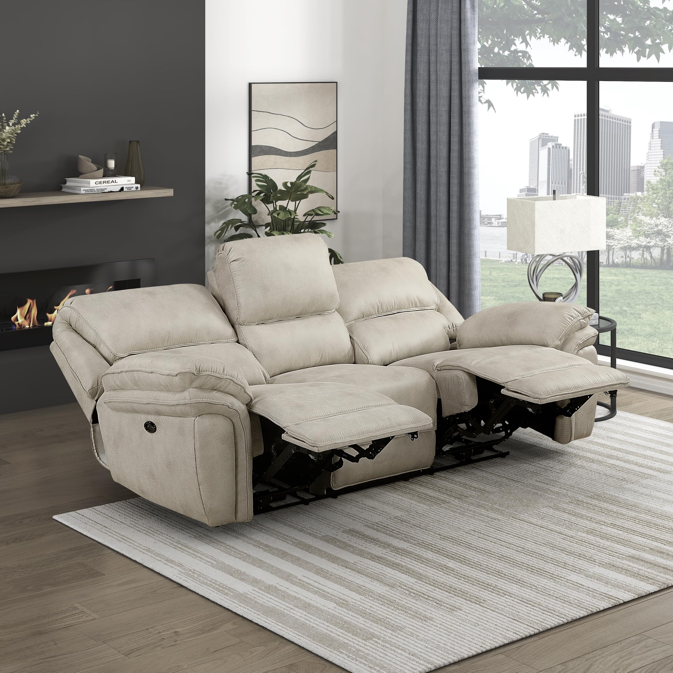 Lexicon Power Double Reclining Sofa, Polished Microfiber Wall Hugger Sofa Recliner for Living Room Comfort, Charging Port, Pillow Top Arms, Attached Cushions, Sand