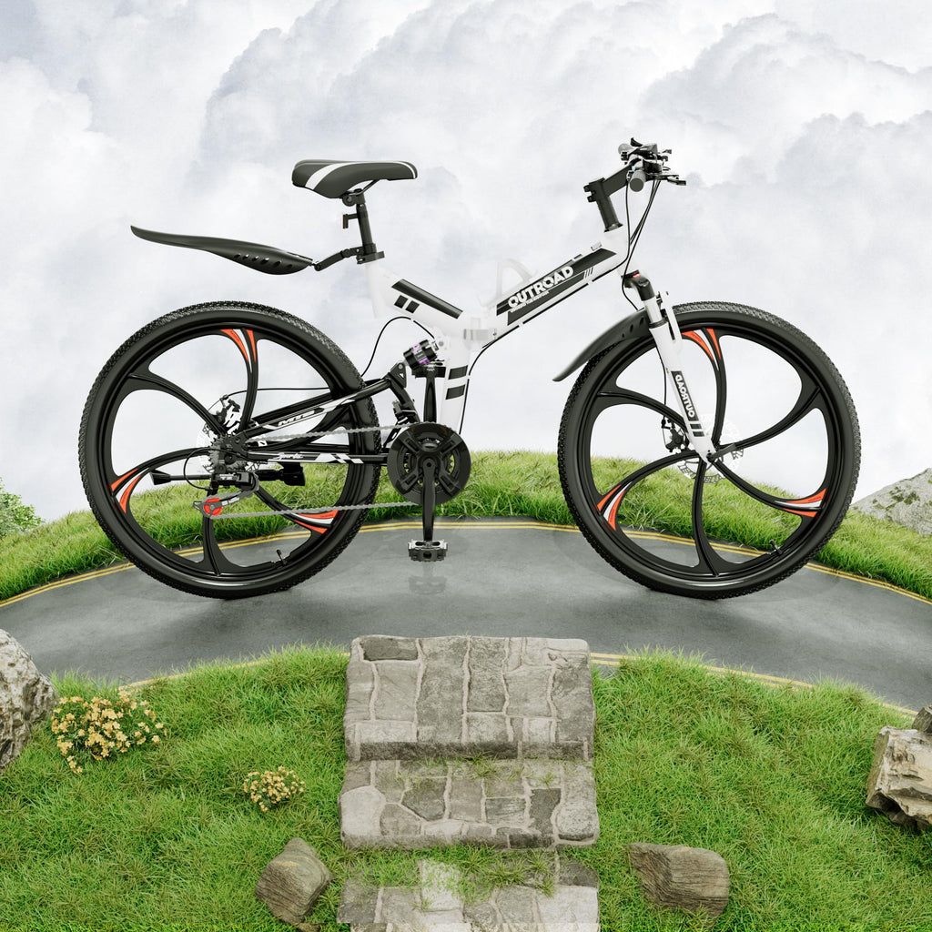 Outroad 26 Inch Folding Mountain Bike, 21 Speed Dual Disc Brake Non-Slip Folding Bikes, Full Suspension High-Carbon Steel MTB Foldable Bicycle for Adults/Women/Men, White
