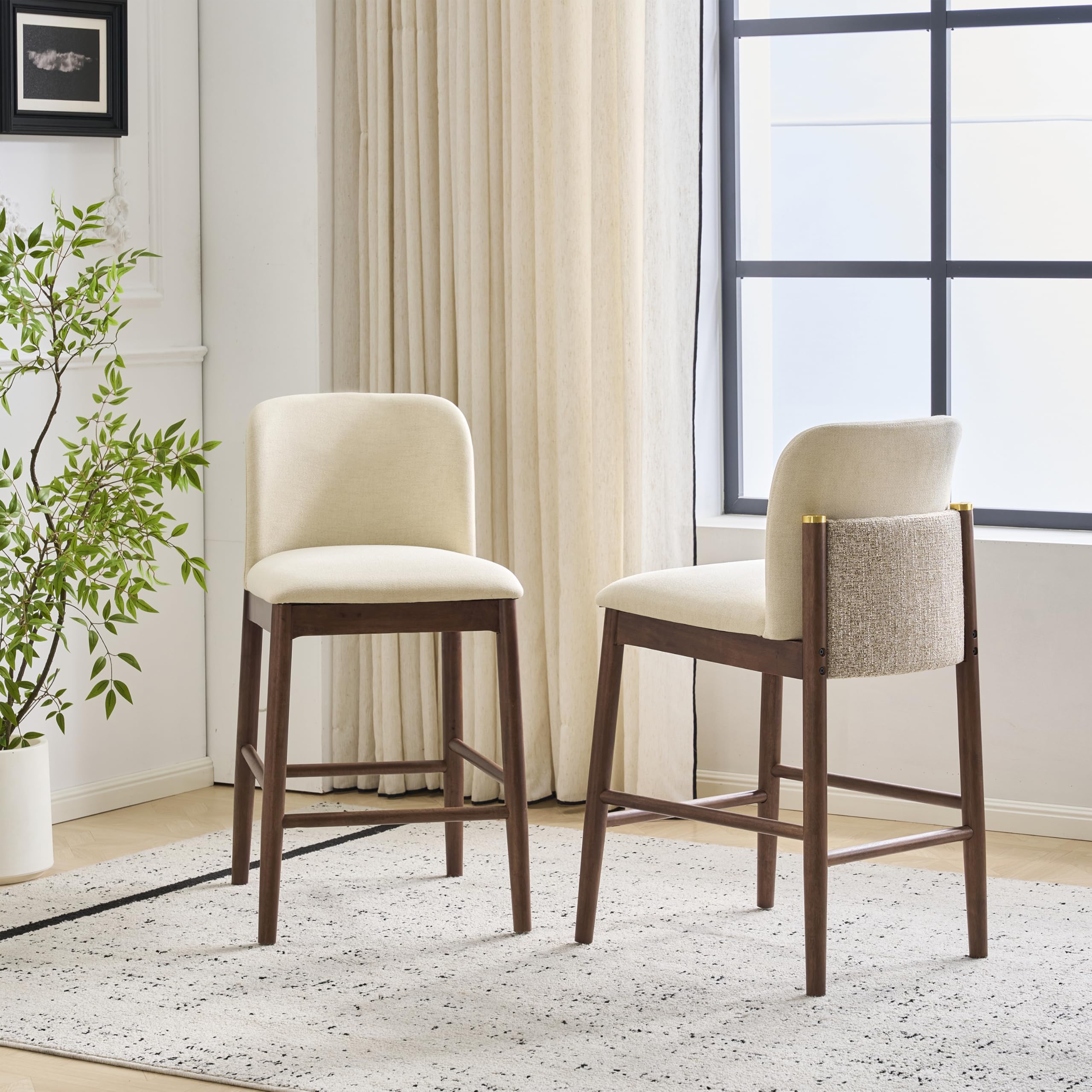 Christopher Knight Home Yumi Counter Height Bar Stools Set of 2, Fabric Upholstered Bar Stool for Kitchen Island, Armless Rubberwood Counter Stools with Solid Backrest + Footrest, Beige + Dark Walnut