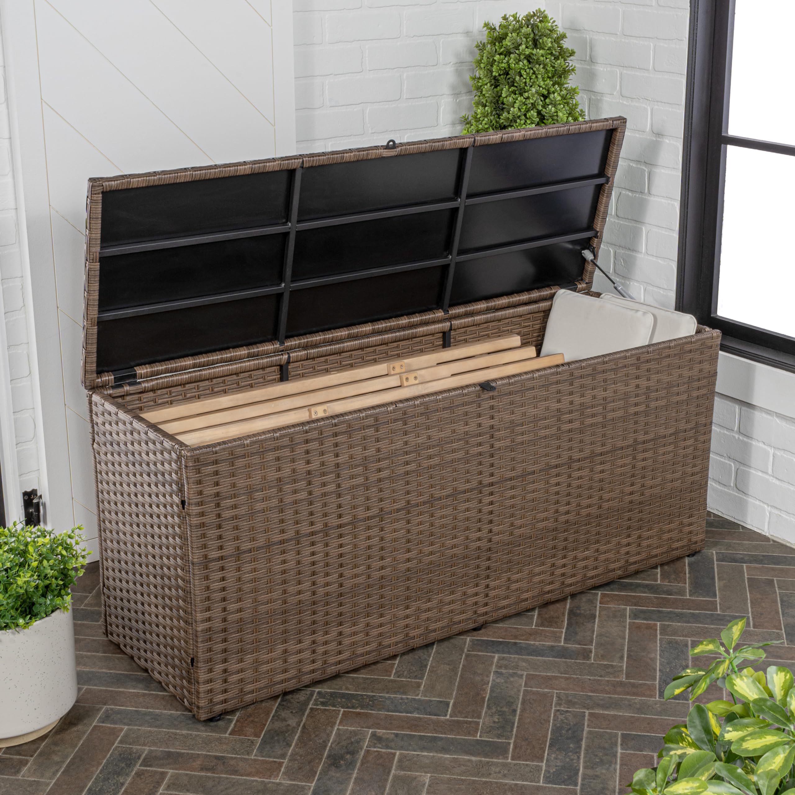 happimess TRK1002B Nino 59.06" Modern Minimalist Outdoor Faux Wicker Deck and Patio Storage Box, Brown, Soft-Close, for Package Delivery, Patio Furniture, Cushions, Gardening Tools, Pool Supplies