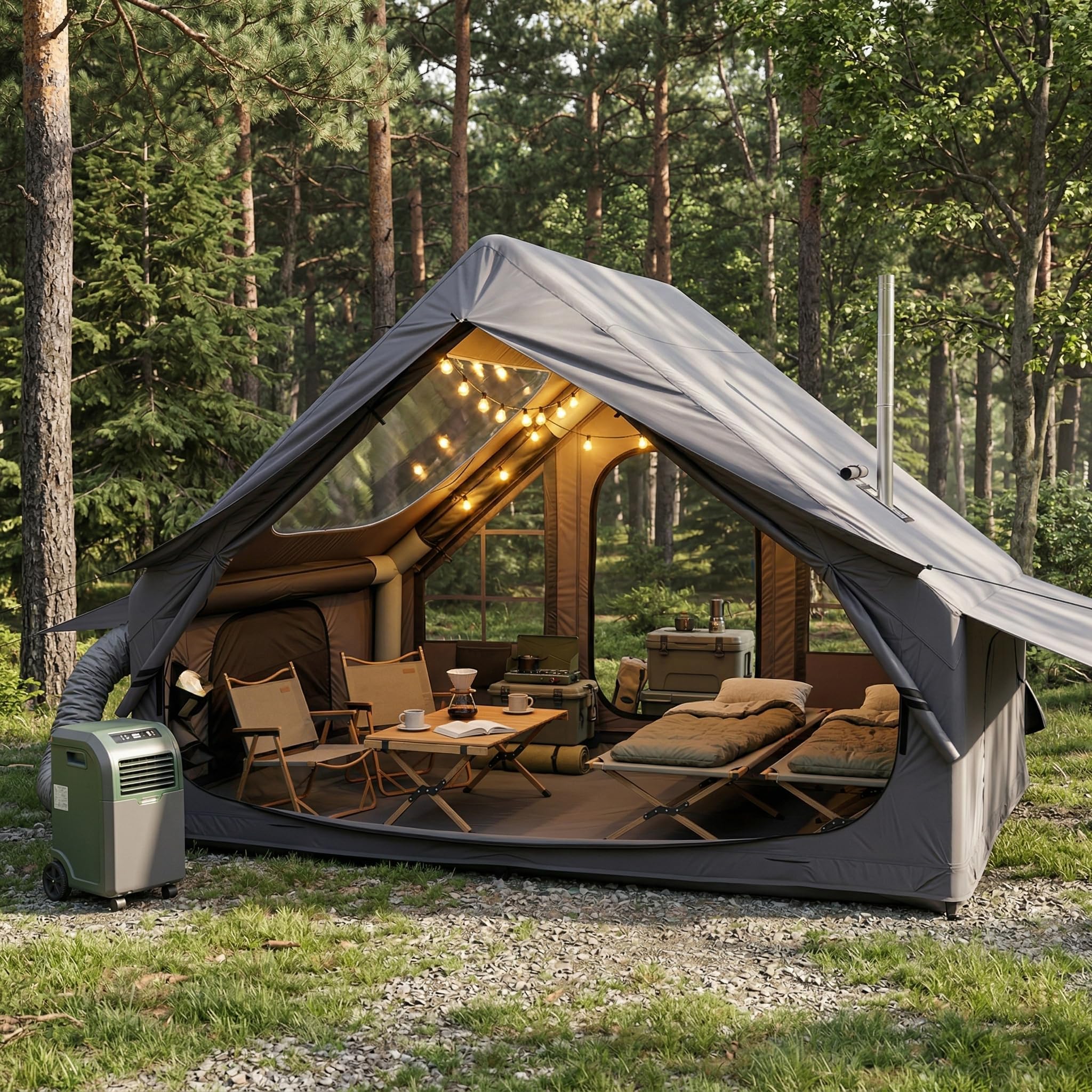 Inflatable Camping Tent for 4-6 Person, with Electric Air Pump, 4 Season Waterproof Windproof, Clear Skylight & 420D Oxford Waterproof, Air Tent with Mesh Windows/Doors