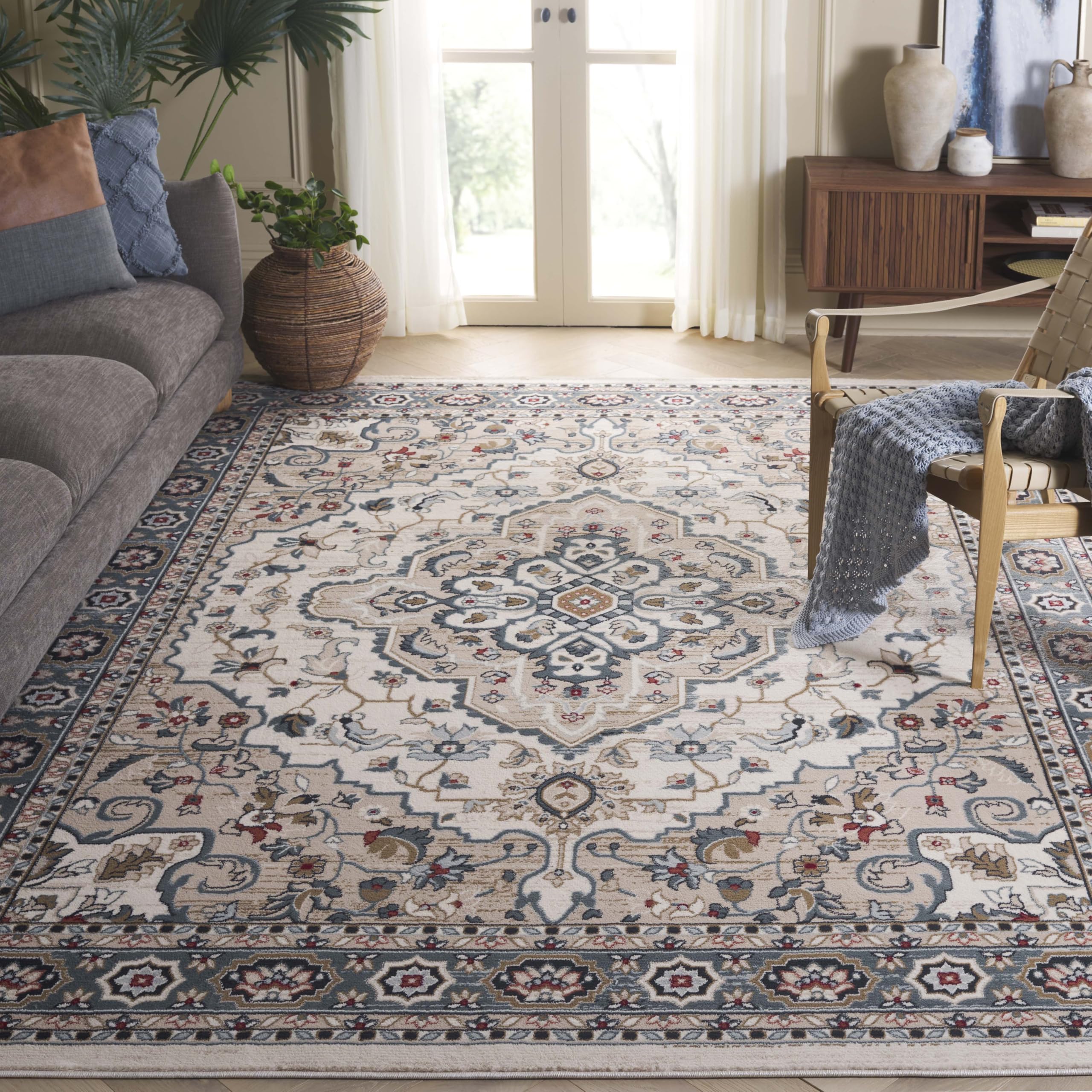 SAFAVIEH Lyndhurst Collection Area Rug - 9' x 12', Cream & Beige, Traditional Oriental Design, Non-Shedding & Easy Care, Ideal for High Traffic Areas in Living Room, Bedroom (LNH338B)