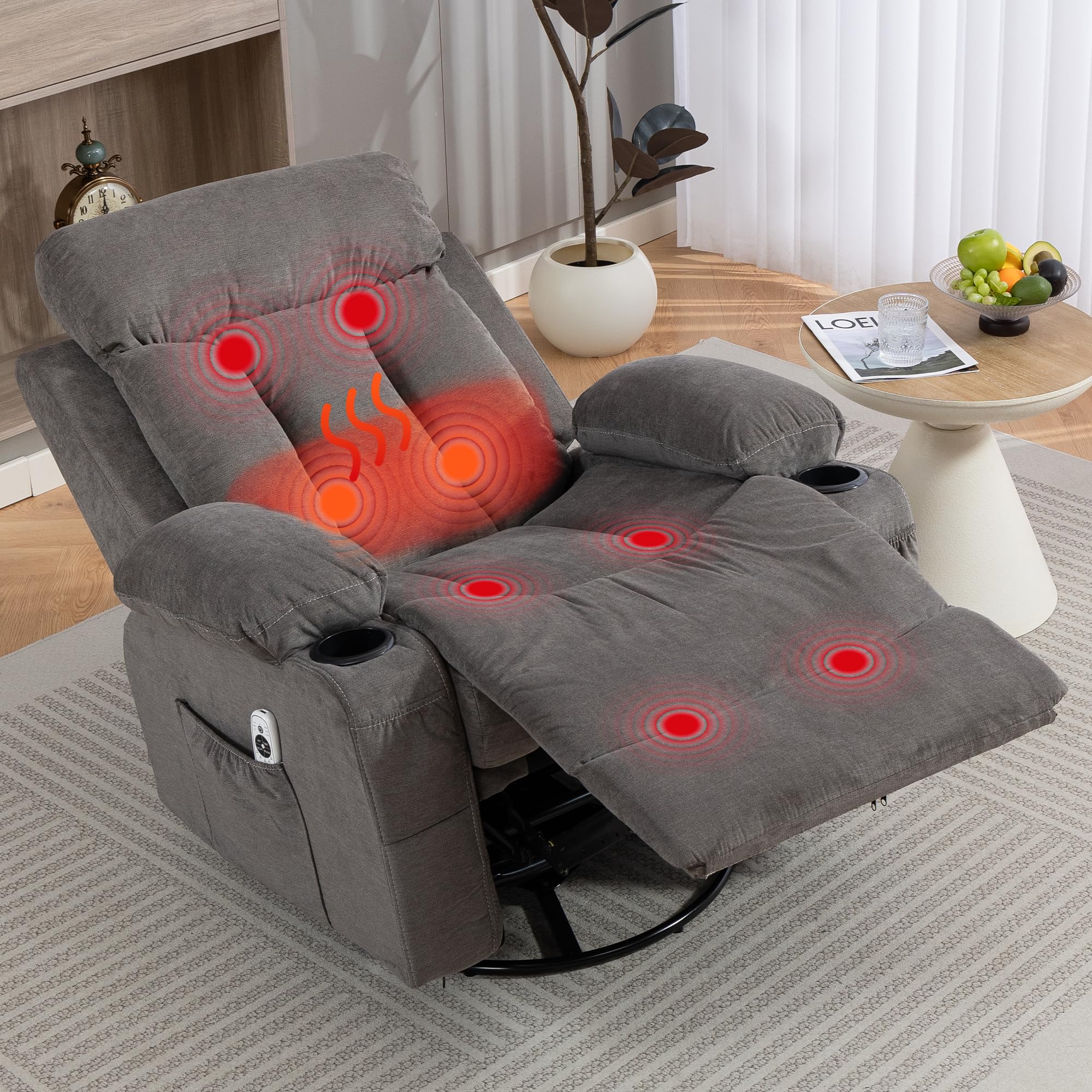 WINVO Rocker Recliner, Glider Recliner Chairs for Adults, 360° Swivel Recliner Chair w/Massage and Heating, Nursery Chair with Rocking Function, Side Pocket, Cup Holders for Living Room, Bedroom, Grey