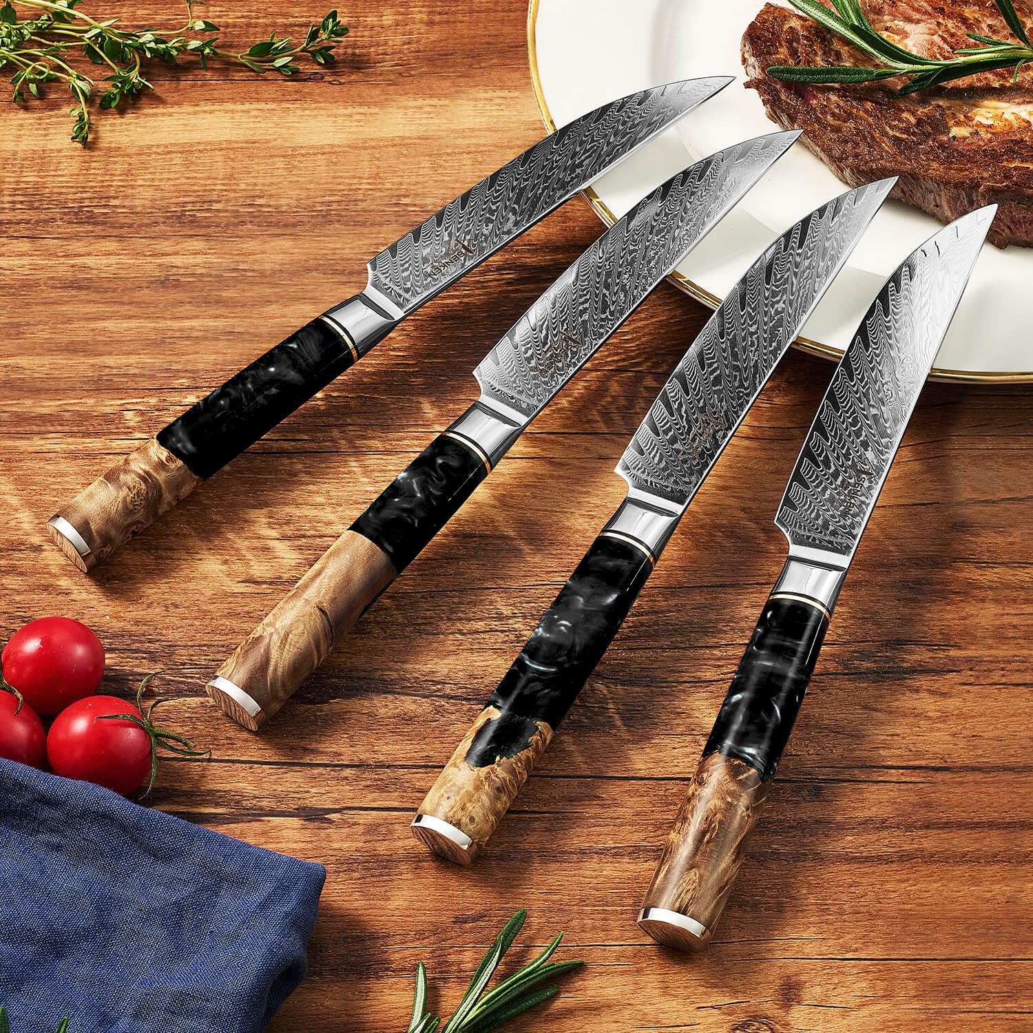 SENKEN Damascus Steak Knife Set - Black Tsunami Collection - 67-Layer Japanese VG10 Steel - Razor Sharp Non-Serrated Blades, Black Resin & Burl Wood Handles, Luxury Gift Box