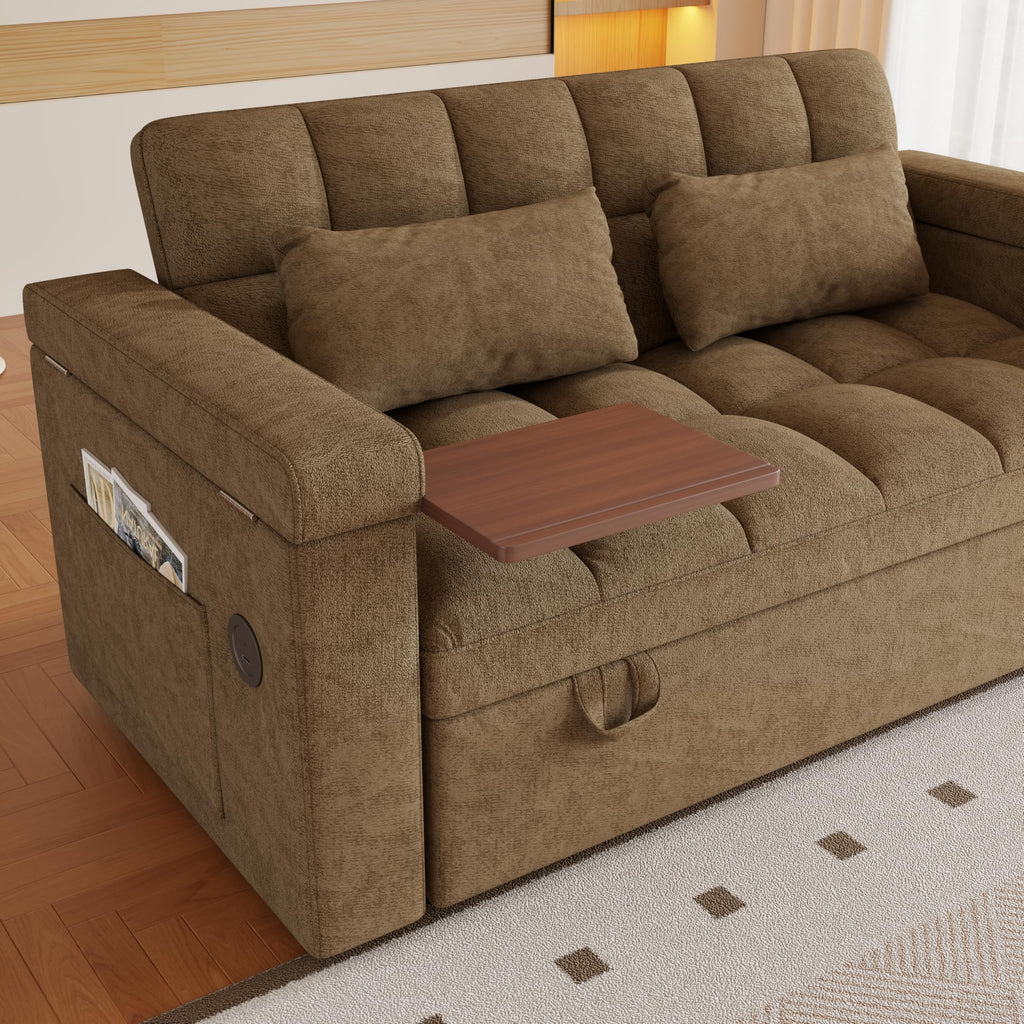 KEIKI 65" Convertible Sleeper Sofa Bed, 3-in-1 Folding Chenille Futon Couch with Adjustable Backrest, Double Loveseat Sofa with Pillows & Armrest Storage for Guest Room, Bedroom, Office