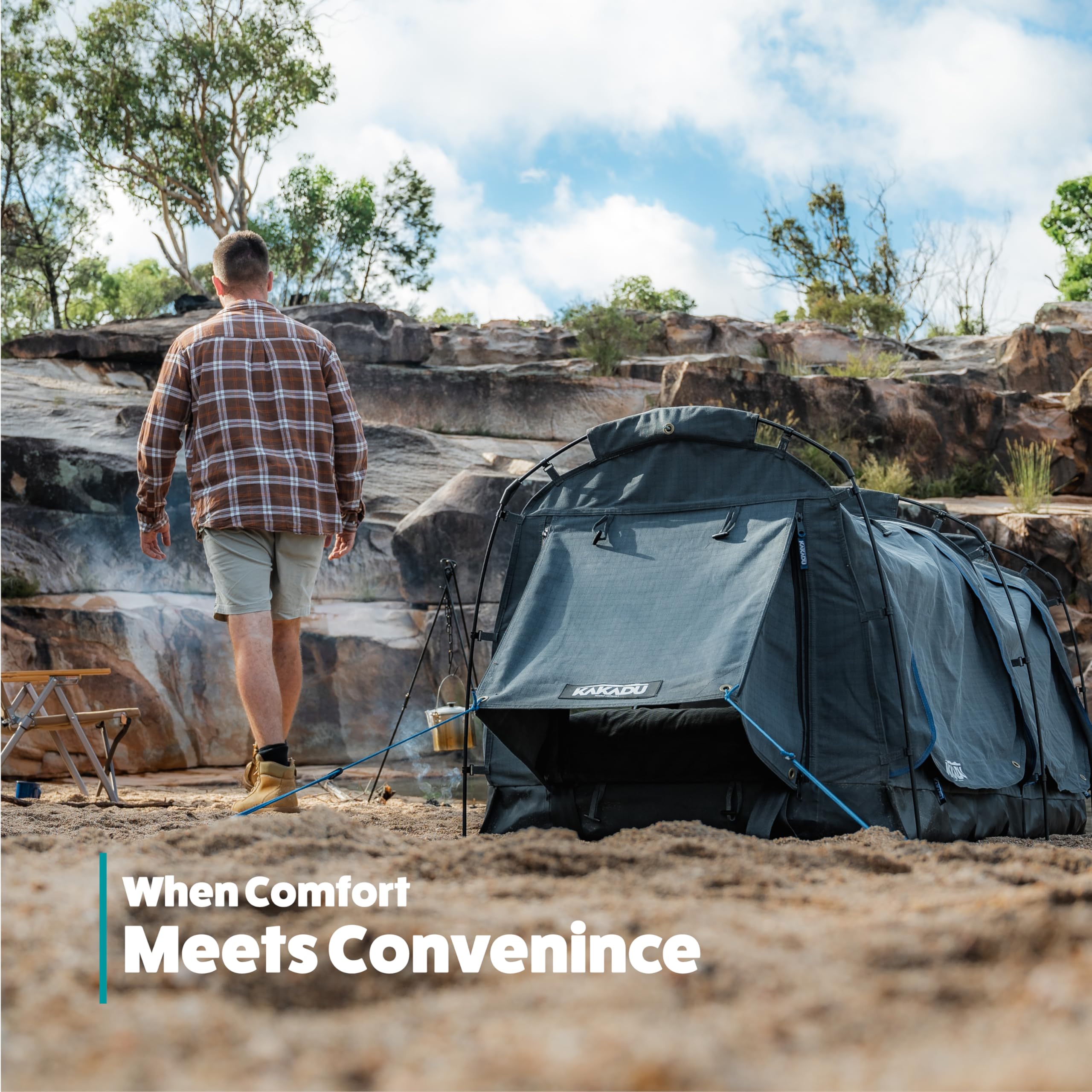 Kakadu Canvas Swag Tent, 1 Person, Australian Polycotton Camping Ground Tent, All Seasons, Waterproof, with 2.75” Foam Mattress, LED Lighting, Carry Bag