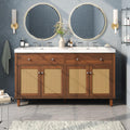 Merax 60 Inch Bathroom Vanity with Double Sink (SMC Sink), Large Storage Space with 2 Tip-Out Trays/Flip-Out Drawers and 4 Soft Closing Doors, Solid Wood Legs and Silver Metal Knobs, Brown
