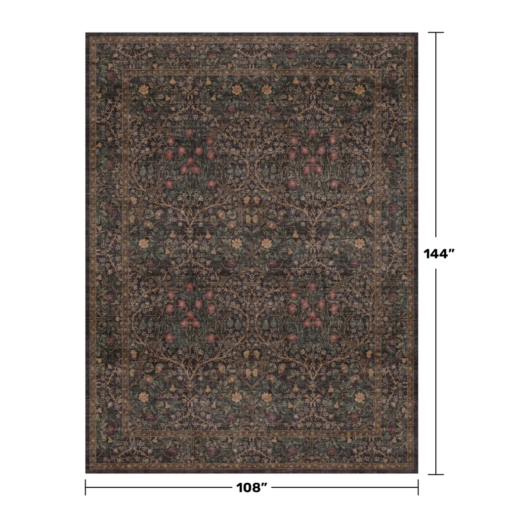 Washable Area Rugs 9x12 Living Room - Dark Brown Large Rug for Dining Room Under Table, Bedroom, Soft Low Pile Non-Slip Stain Resistant Carpet - Vintage Floral Plant Design