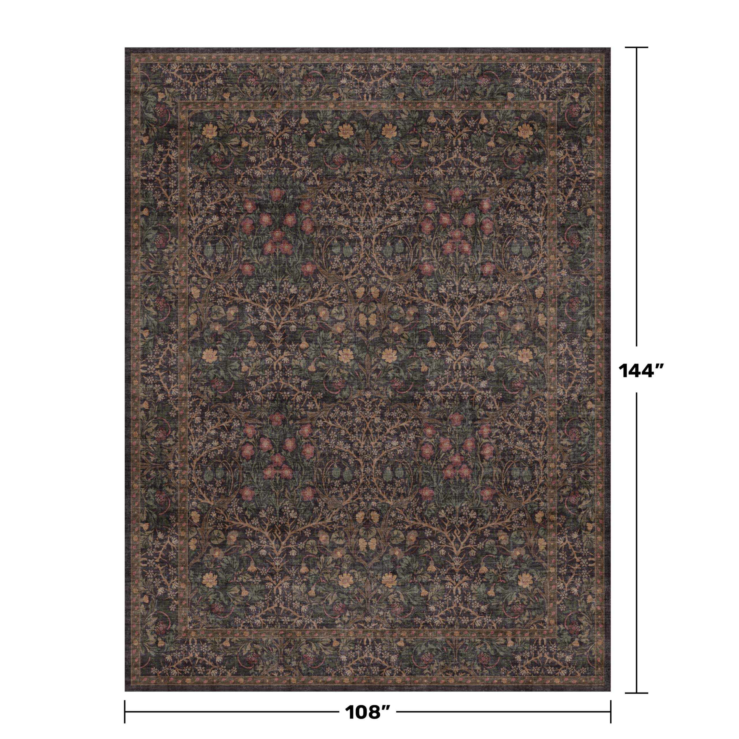 Washable Area Rugs 9x12 Living Room - Dark Brown Large Rug for Dining Room Under Table, Bedroom, Soft Low Pile Non-Slip Stain Resistant Carpet - Vintage Floral Plant Design