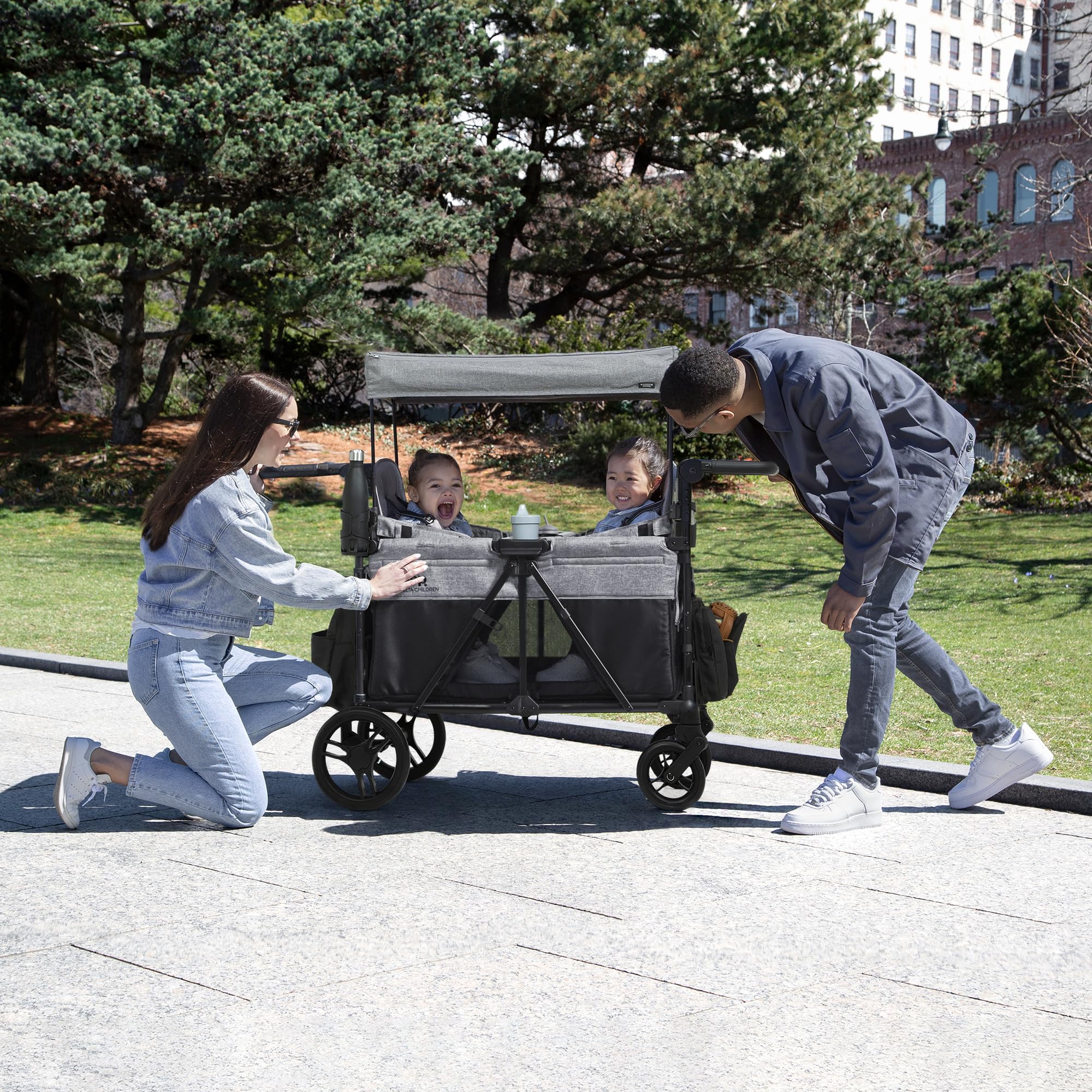 Delta Children - Jeep Aries Stroller Wagon - Premium Wagon for 2 Kids with Convertible Seats, Adjustable Push/Pull Handles, Removable Canopy & Flat Fold - Greenguard Gold Certified, Grey