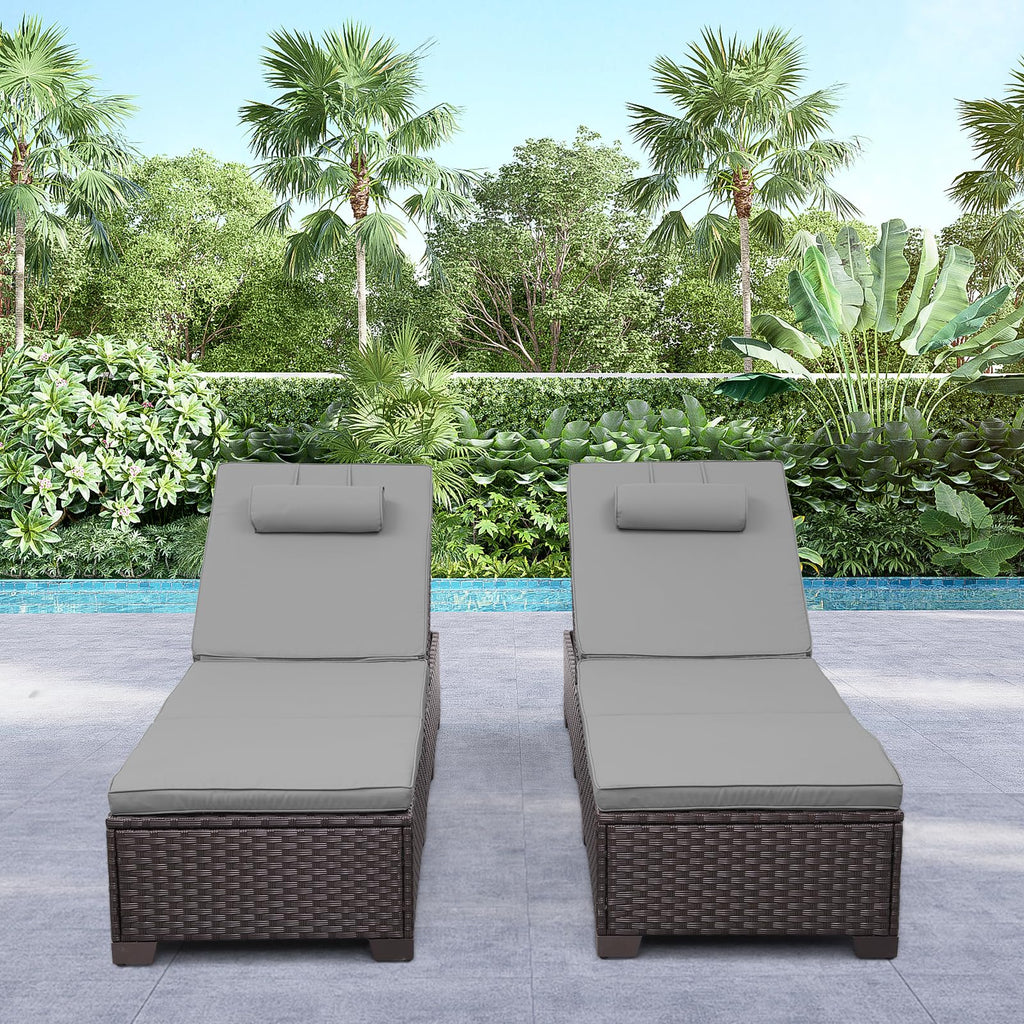 Rattan Star Brown Wicker Patio Chaise Lounge Chairs Set of 2 Outdoor Chaise Lounge Pool Lounge Chairs Poolside Recliner Chairs with Grey Cushions and Headrest
