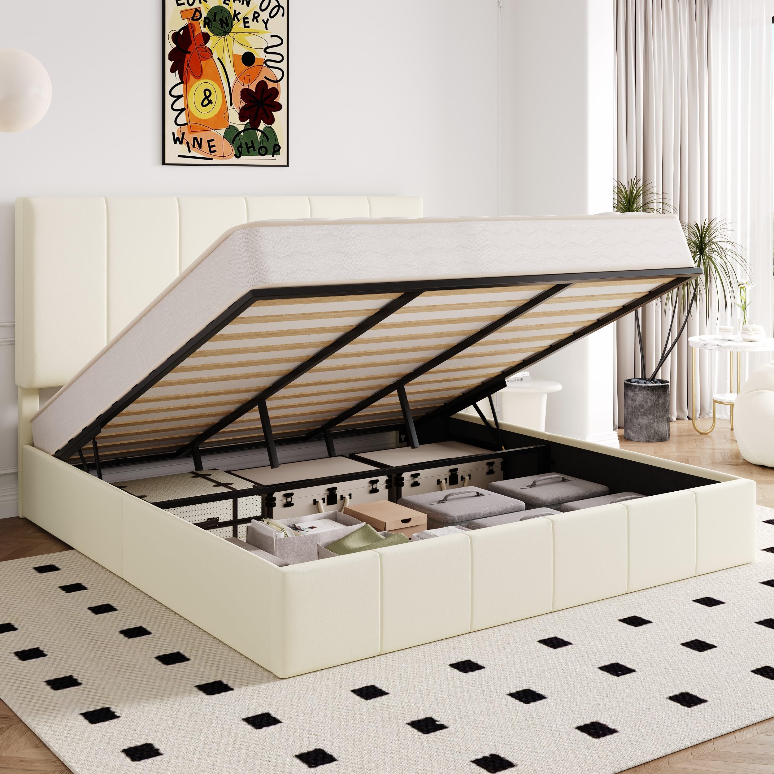 Allewie King Size Velvet Lift Up Storage Bed Frame, Vertical Channel Tufted Headboard, Hydrualic Underneath Storage, Upholstered Platform Bed, Wooden Slats Support, No Box Spring Needed, Cream