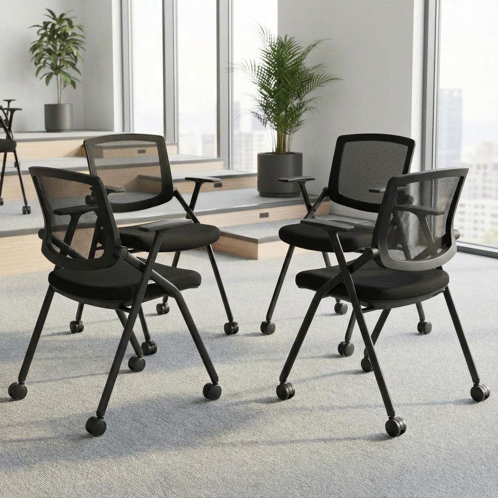 BROBRIYO, 4 Pack Stackable Conference Room Chairs with Wheels and Paddle, Ergonomic Mesh Back and Arms for Meeting, Conference, Reception, Training Room & Home Office Desk Folding Chairs (2 Boxes)