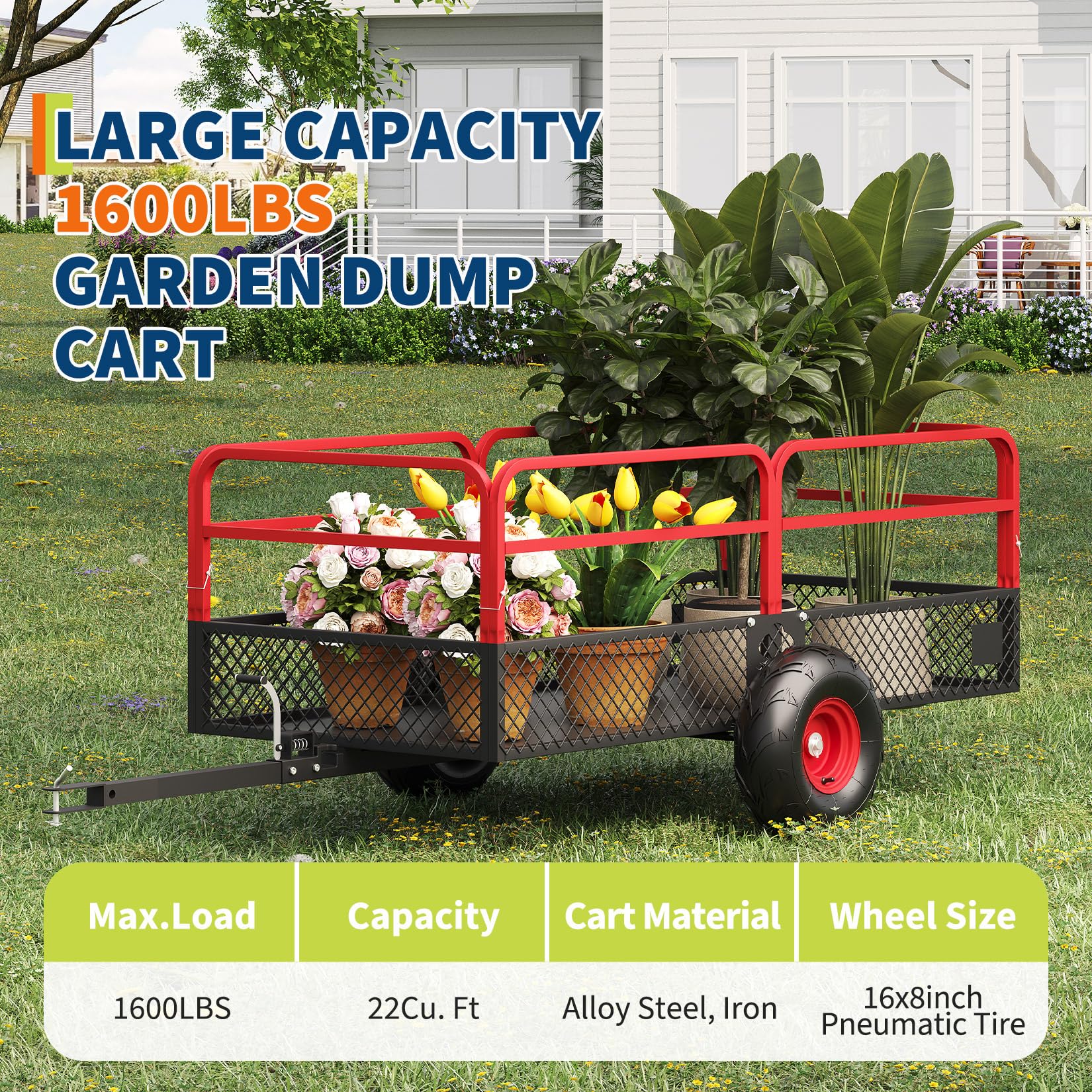 PeakPursuit Tow Behind Steel Dump Cart, Heavy Duty Yard Garden Trailer with Removable Sides & All Terrain Tires, Fits Lawn Mower, Tractor, Garden Cart, 1600 lbs 22 Cubic Feet, Red