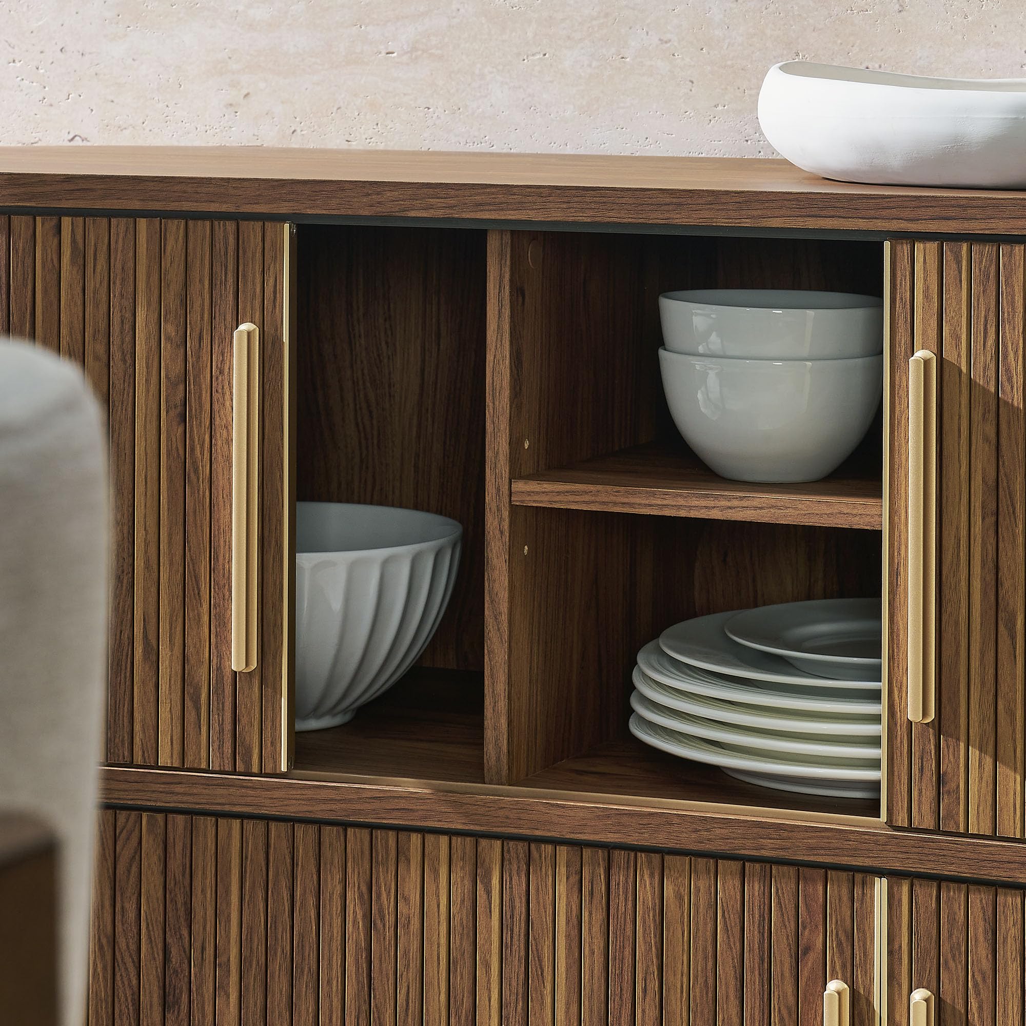 Radcliffe 63" Inch Curved Fluted Sideboard Buffet Cabinet in Walnu