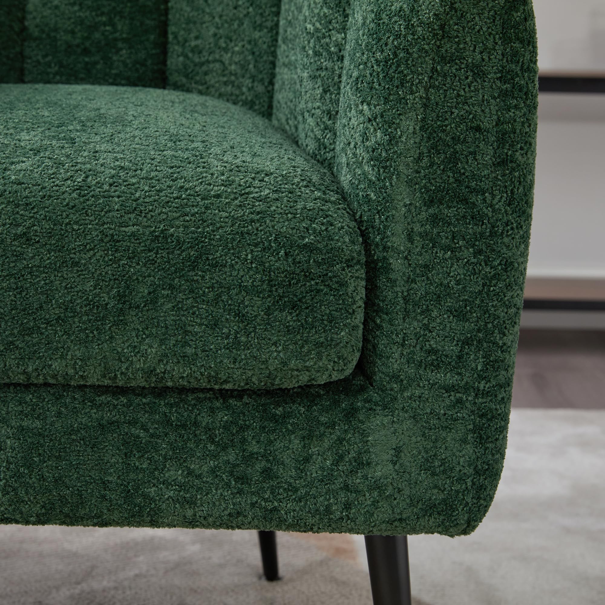 Noble House Home Furnishings Hucdt 29.9'' Boucle Barrel Club Chair, Upholstered Accent Chair, Channel Tufted Armchair, Extra Seating Lounge with Metal Legs, Single Sofa for Living Room Home, Green