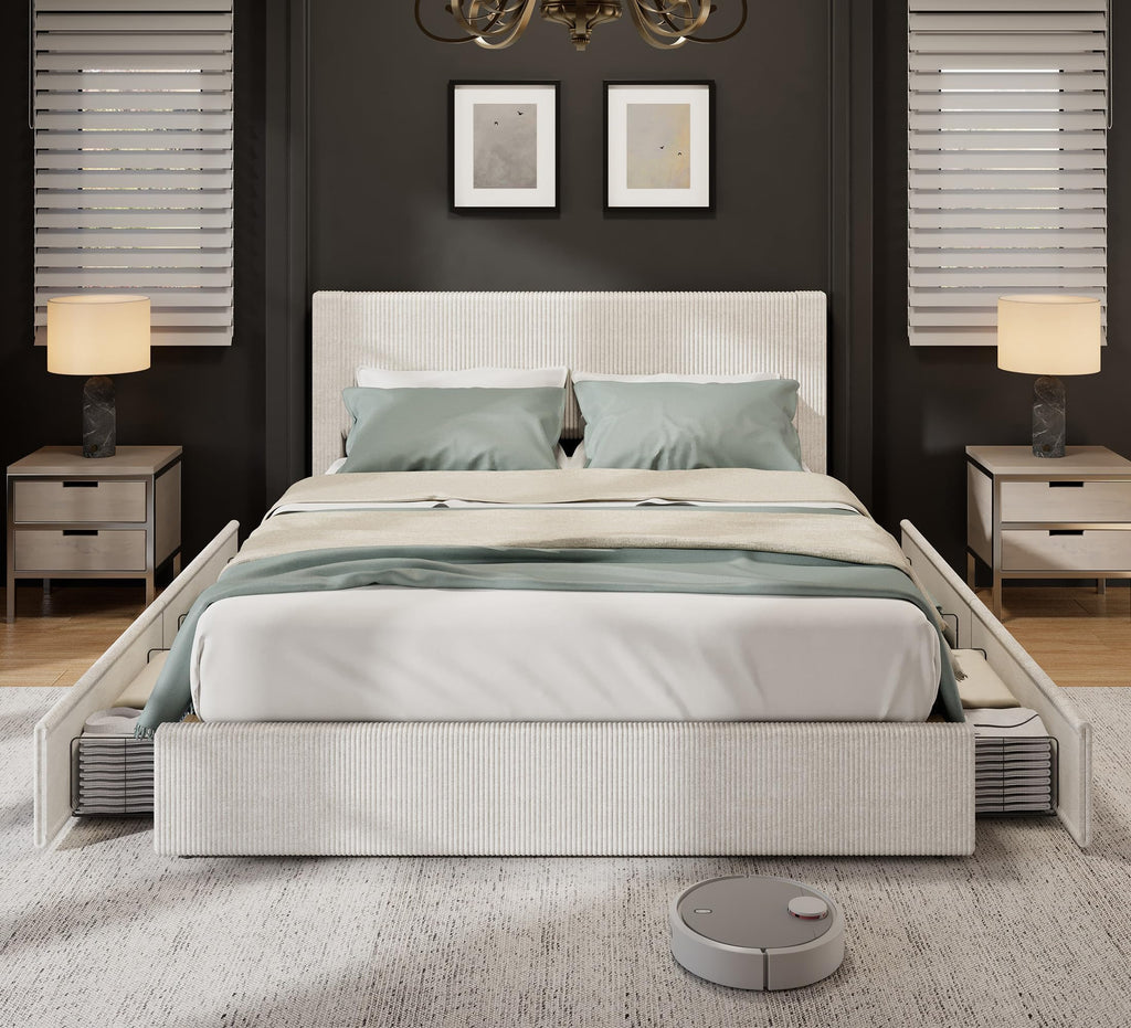 IDEALHOUSE King Size Bed Frame with Tall Tufted Wingback Headboard, Platform Velvet Upholstered King Bed Frame with 4 Storage Drawers and Wooden Slats Support, No Box Spring Needed, Creamy White