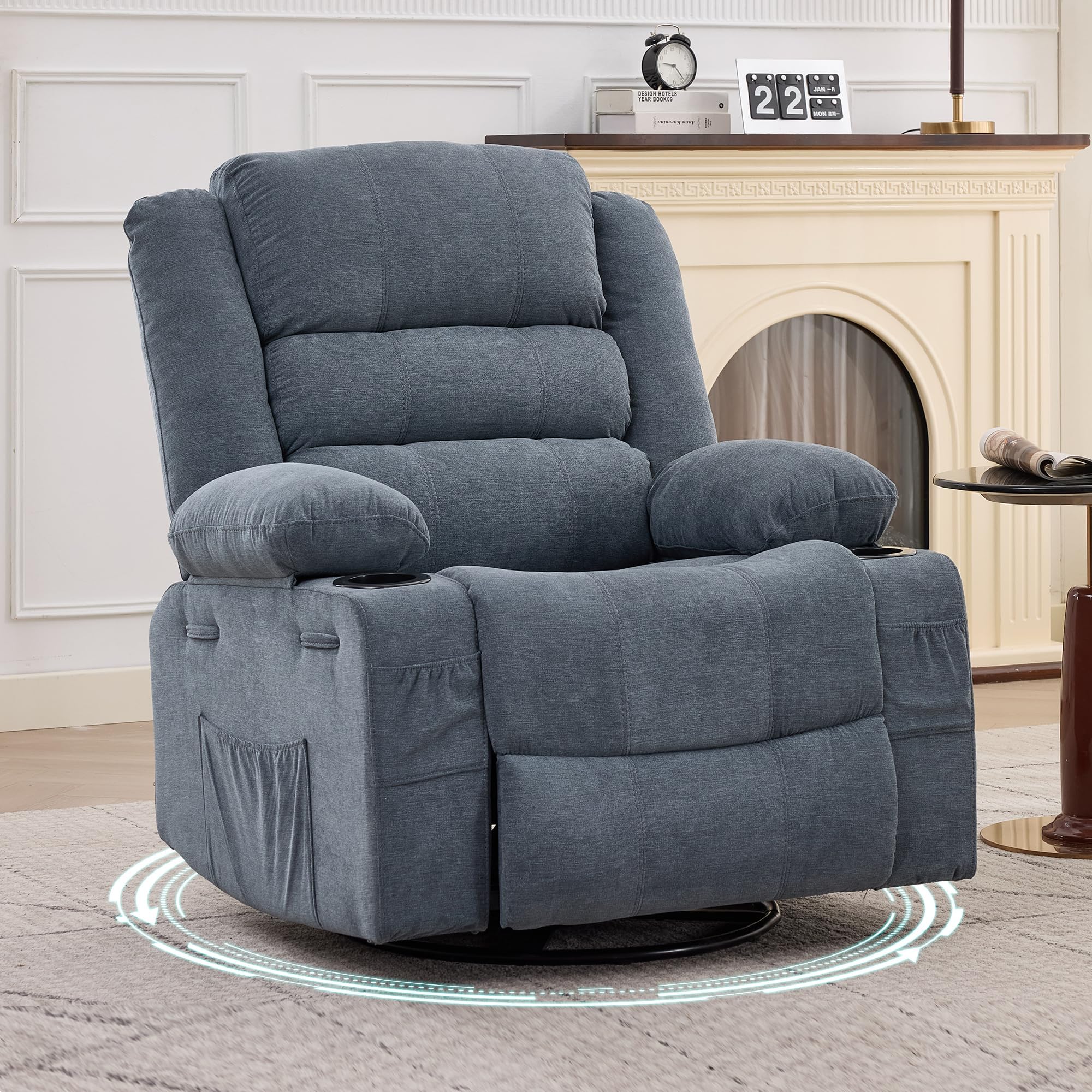 Rocking Recliner Chair for Adults Linen Wide Upholstered Glider Recliner with Cup Holder Deep Seat Single Sofa Rocker Chair for Nursery Living Room