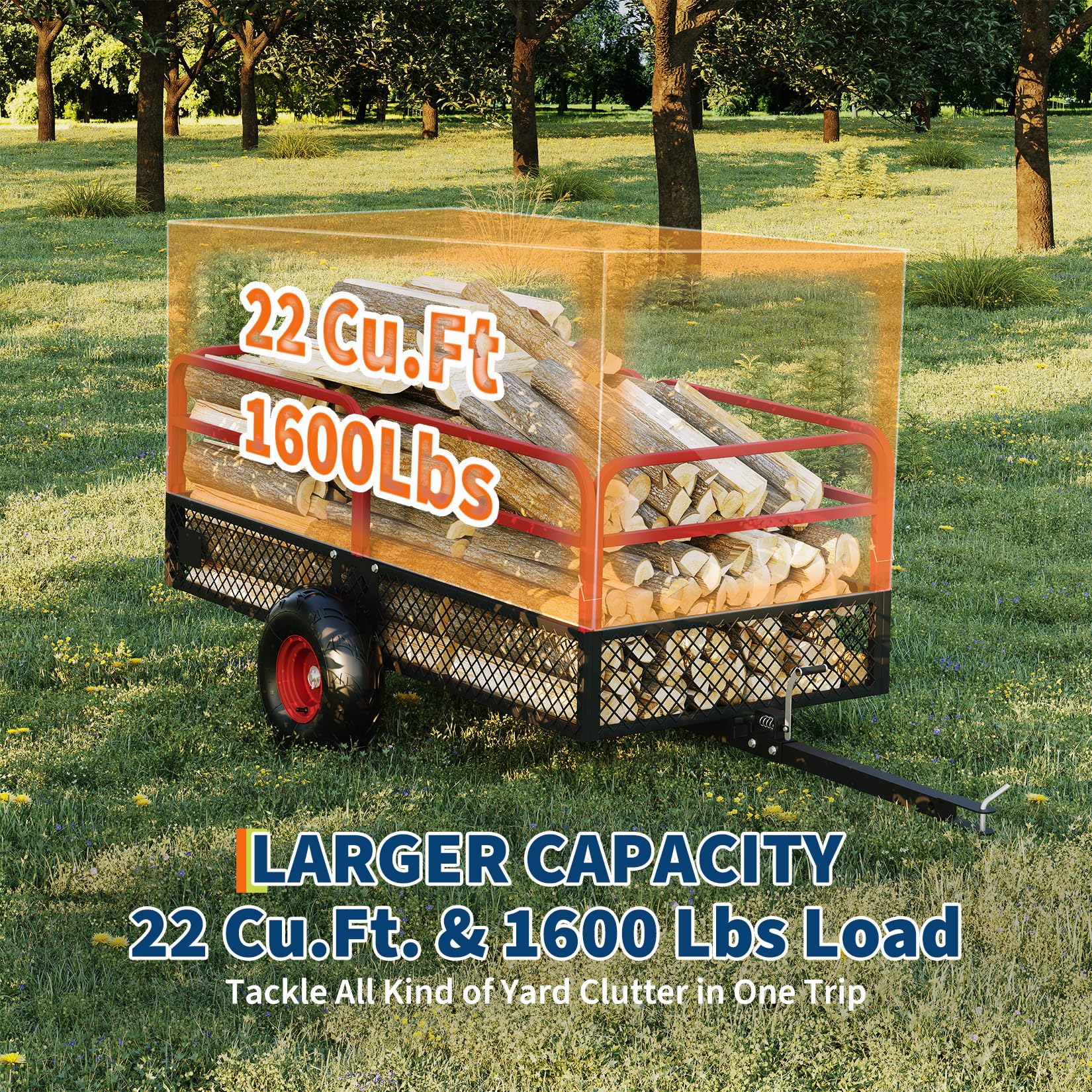 PeakPursuit Tow Behind Steel Dump Cart, Heavy Duty Yard Garden Trailer with Removable Sides & All Terrain Tires, Fits Lawn Mower, Tractor, Garden Cart, 1600 lbs 22 Cubic Feet, Red