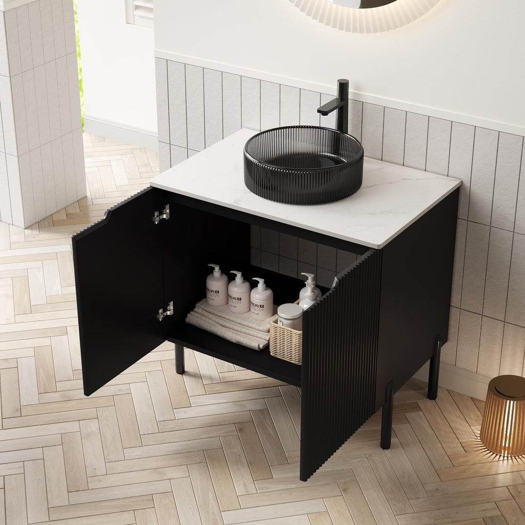 GDFStudio 30" Freestanding Bathroom Vanity with Sink, Turio Black Storage Cabinet with Double Doors, Carrara White Sintered Stone Countertop, Soft Close System, Modern Black Round Glass Basin