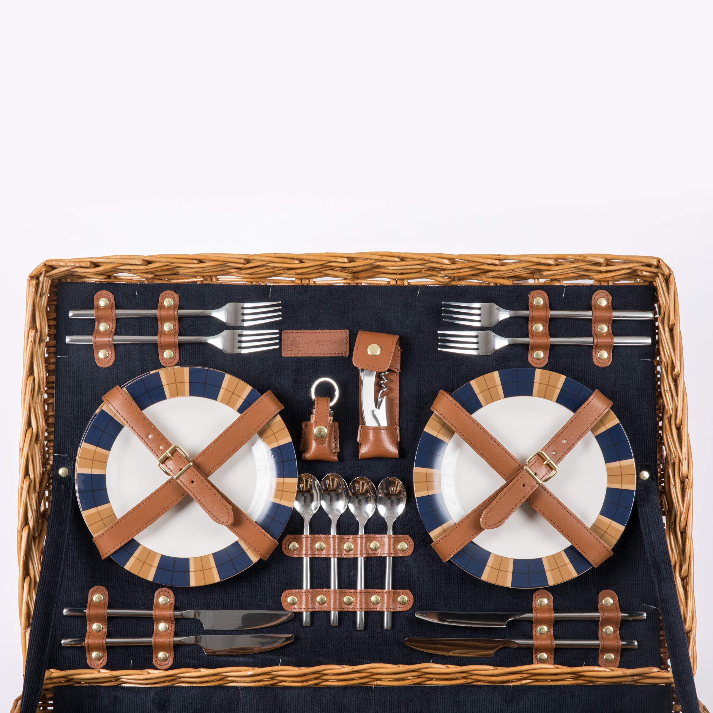 PICNIC TIME - Windsor Luxury Picnic Basket for 4 - Large Wicker Picnic Basket - Deluxe Picnic Set 4, (Navy Blue)