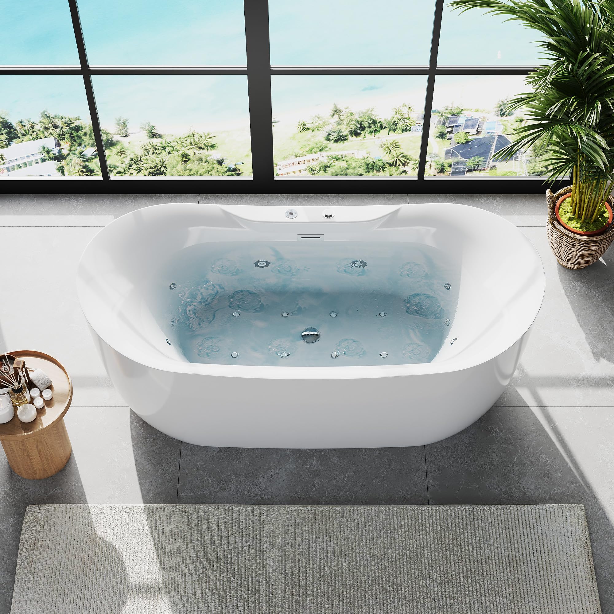 Luxury 71" Heated Whirlpool Bathtub, Smart Digital Control Acrylic Tub with Dual Air & Water Jets, Auto-Temp Heating System, Freestanding Rectangular Soaker with Complete Pump Kit, White