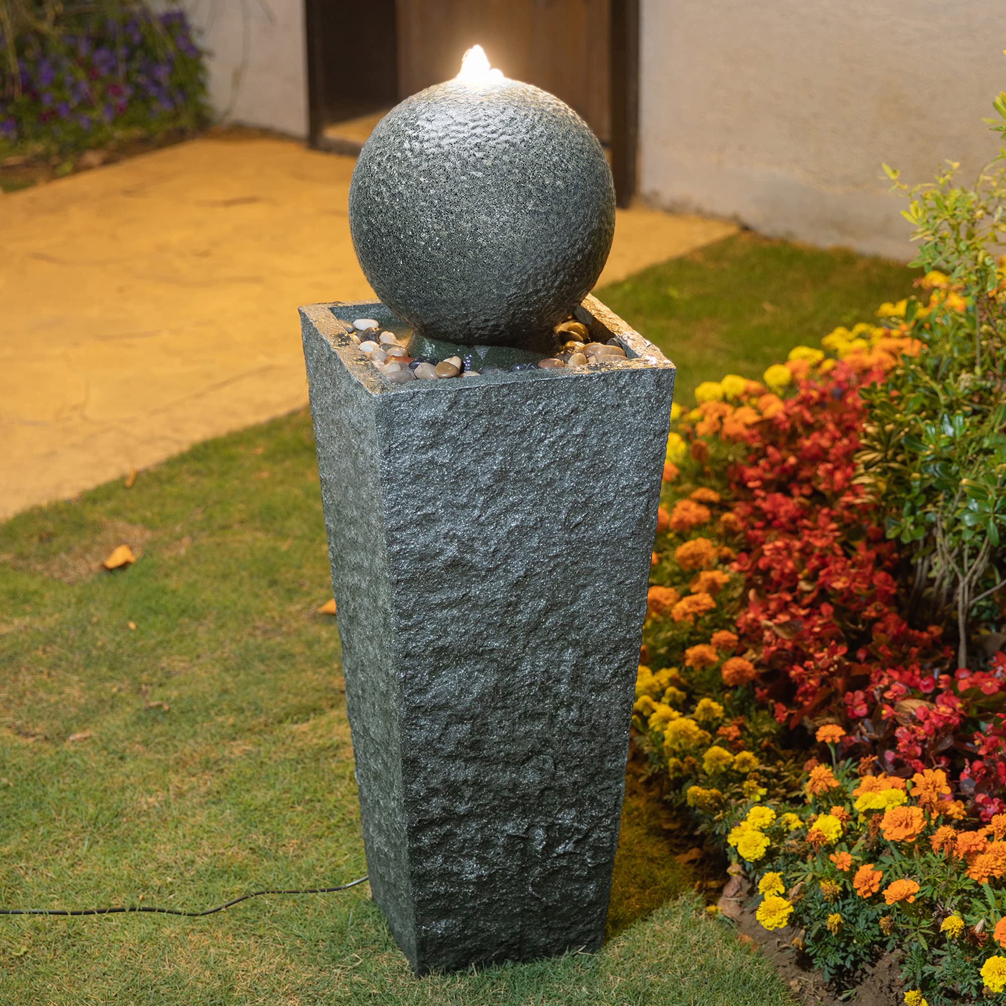 Glitzhome Outdoor Water Fountain with LED Light, Oversized Modern Sphere Pedestal Water Fountain with Submersible Pump, Outdoor Fountains Garden Waterfall for Patio Deck Porch, 40.25" H