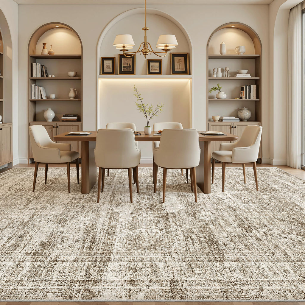 Soalmost 12x15 Washable Area Rug Brown Neutral Abstract Living Room Large Carpet Non Slip Bedroom Indoor Office Dining Room Low Pile Thin Rug