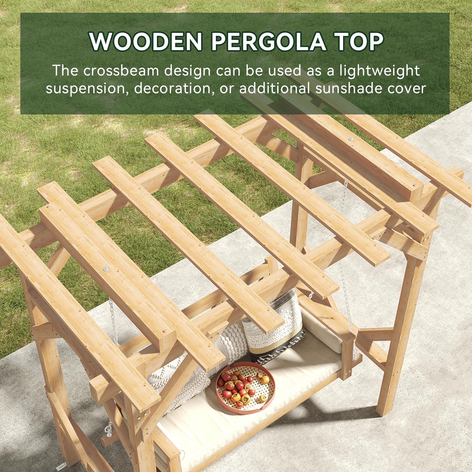 Aoxun Cedar Wood Outdoor Pergola Swing Bench, Porch Swing with Stand, 3-Seat Hammock Patio Swing Set with Canopy，Metal Chains for Backyard, Garden, Natural