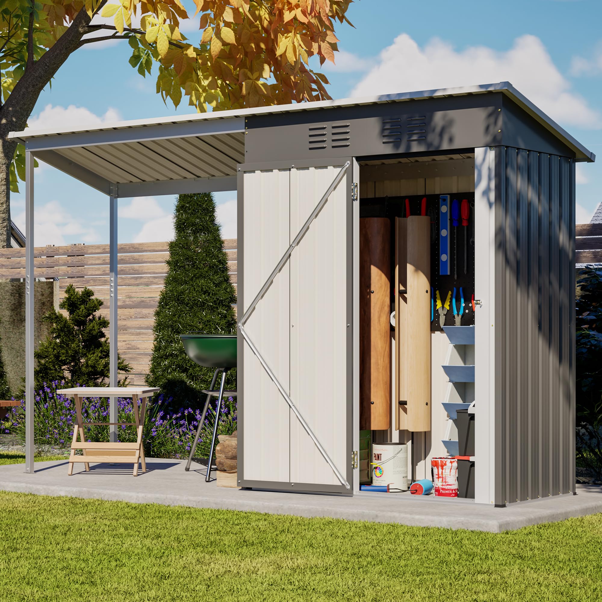 KEIKI Storage Shed 5x3 FT, Small Metal Tool Shed with Gazebo for Outdoor Storage, Galvanized Steel Garden Shed with Lockable Doors for Patio, Backyard, Lawn, Grey