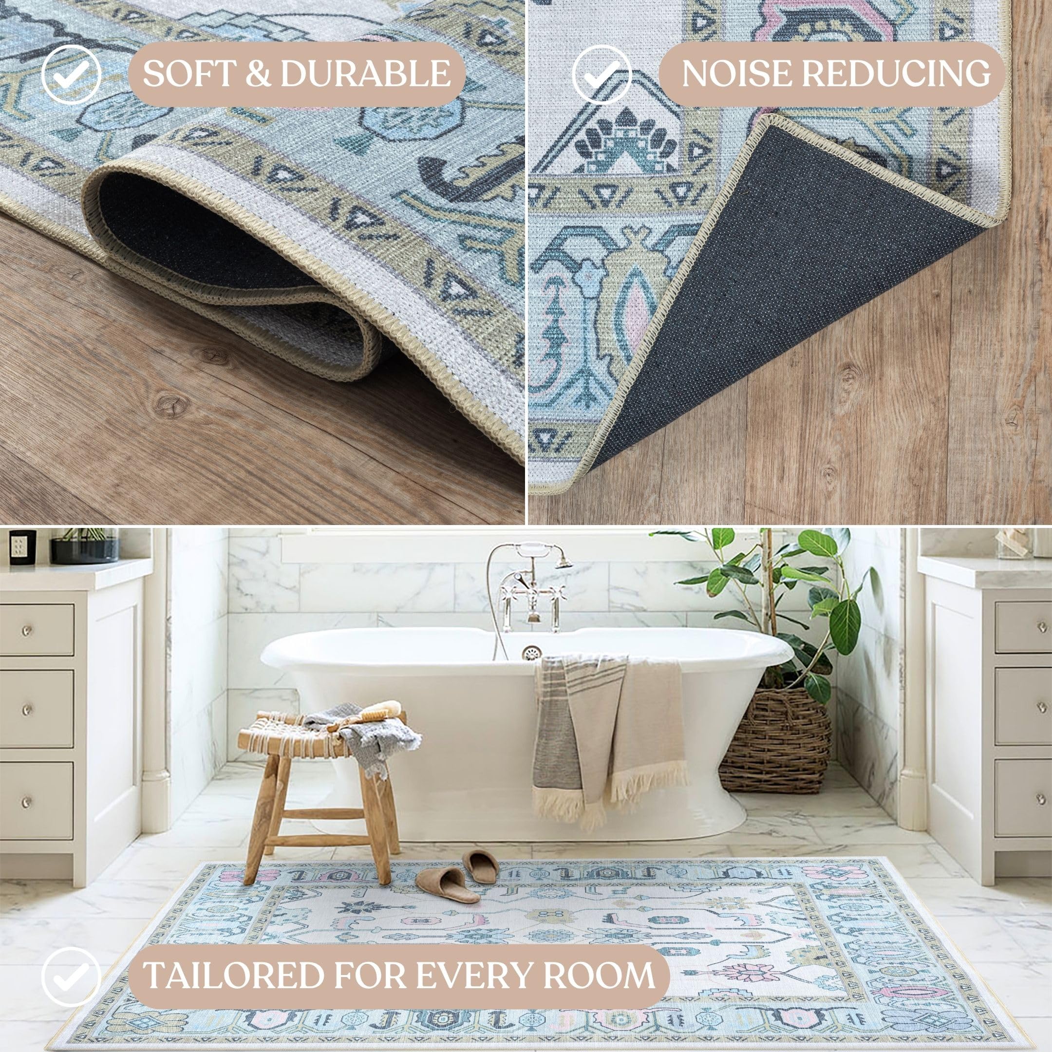 Fame Living Cream Green Oushak Rug, Modern, Vintage, Turkish, Eclectic, Floral, Pastel, Washable, Large Area Rugs for Living Room, Dining, Bedroom, Girls, Boys, 7'5"x9'8"