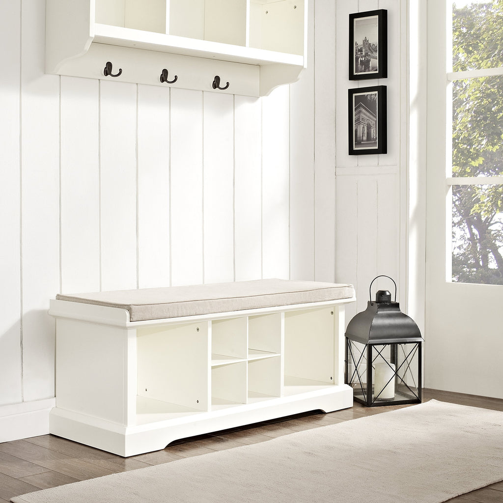Crosley Furniture Brennan Entryway Storage Bench with Bins and a Shoe Rack Organizer, White