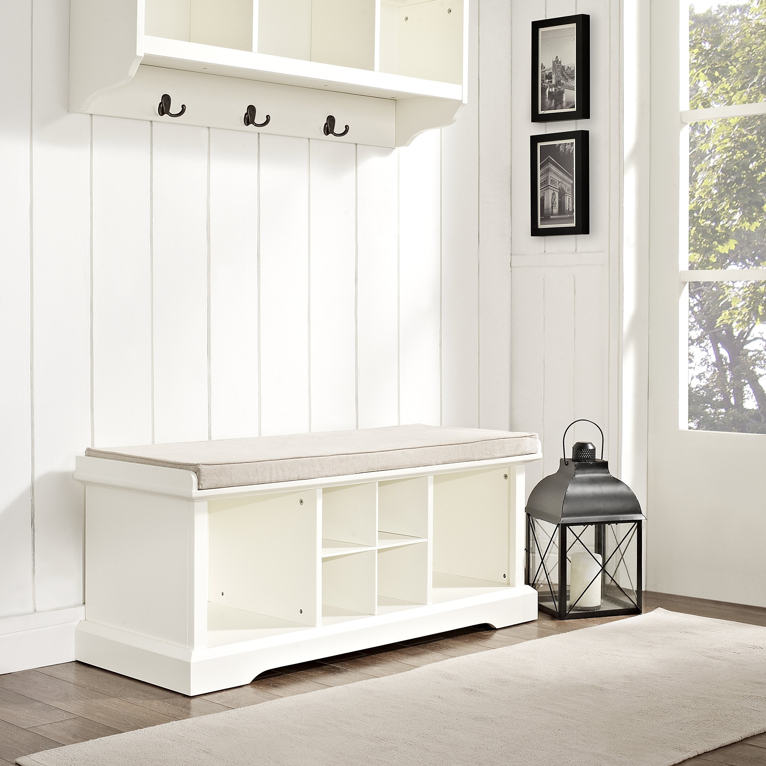 Crosley Furniture Brennan Entryway Storage Bench with Bins and a Shoe Rack Organizer, White