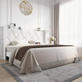 Allewie Velvet King Size Upholstered Bed Frame with Wingback Storage Headboard & Charging Station, Platform Bed with Diamond Tufted Design & Gold Trim, No Box Spring Needed, Easy Assembly, White