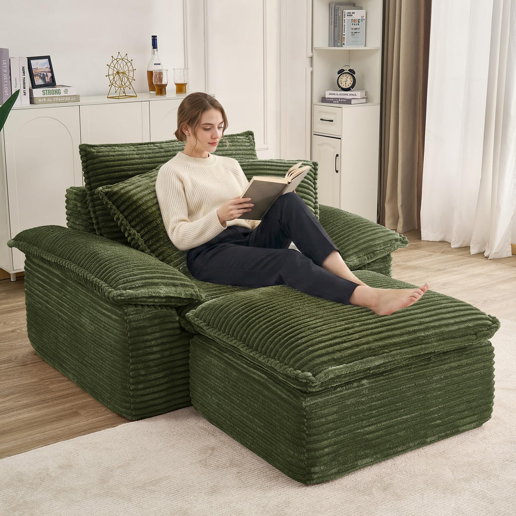 KEIKI 63" Oversized Lounge Sofa Chair with Ottoman, Deep Seat Cloud Couch Bed, Modular 1-Seater Sectional Sleeper Sofa, No Assembly Corduroy Couch for Reading Nook & Cozy Corner