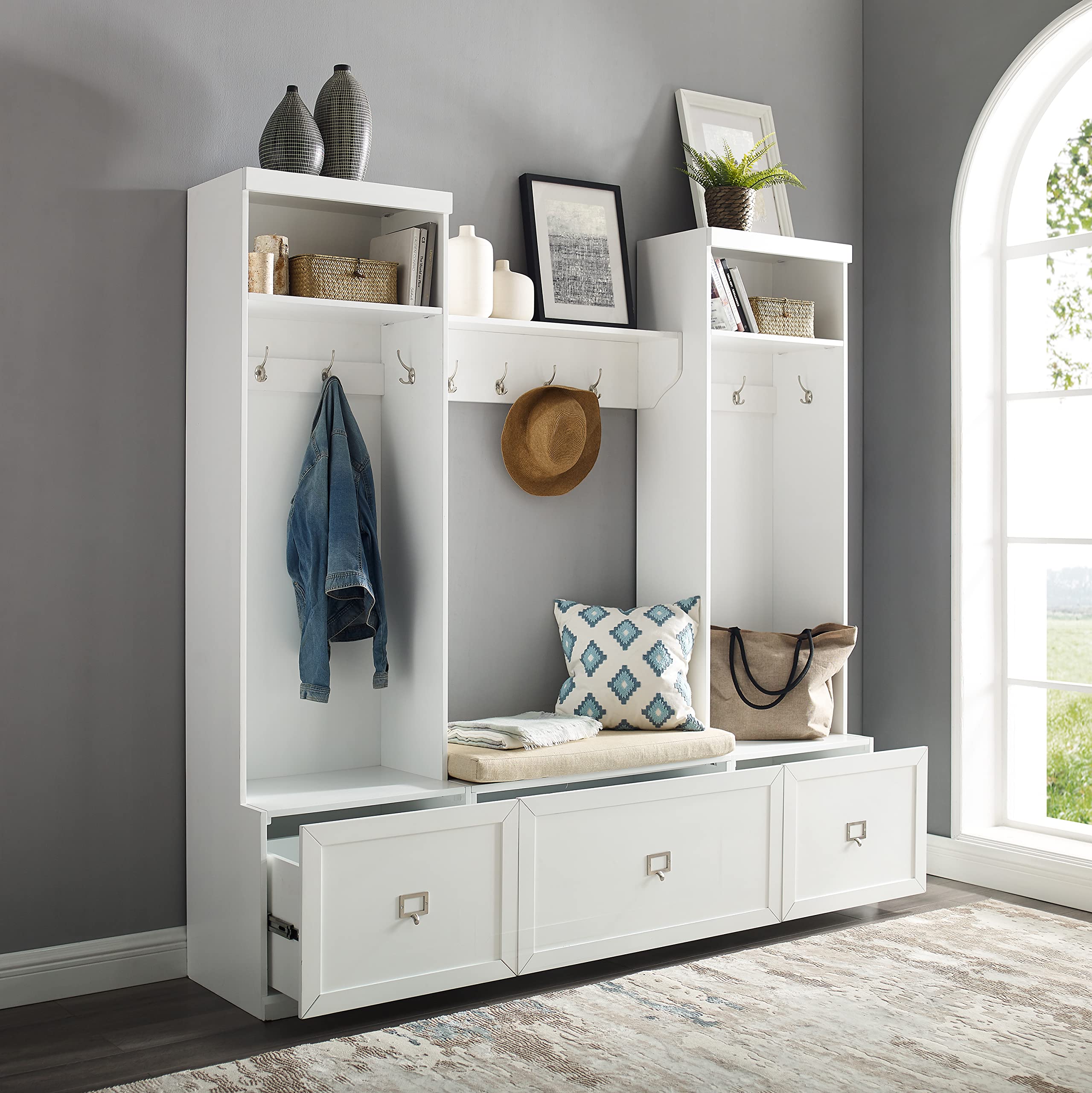 Crosley Furniture Harper 4-Piece Hall Tree, Storage Bench, and Wall Shelf Set with Coat Rack Hooks for Hanging, White